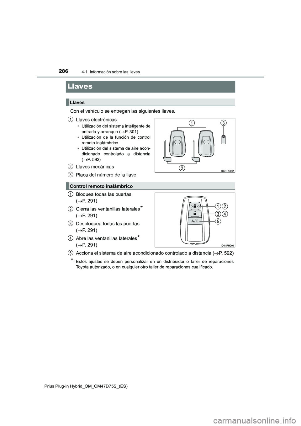 TOYOTA PRIUS PLUG-IN HYBRID 2020  Manual del propietario (in Spanish) 2864-1. Información sobre las llaves
Prius Plug-in Hybrid_OM_OM47D75S_(ES)
Llaves
Con el vehículo se entregan las siguientes llaves.
Llaves electrónicas
• Utilización del sistema inteligente de
