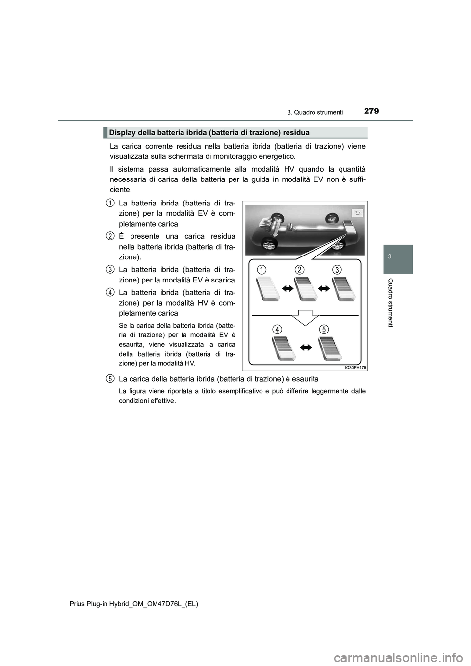 TOYOTA PRIUS PLUG-IN HYBRID 2020  Manuale duso (in Italian) 2793. Quadro strumenti
3
Quadro strumenti
Prius Plug-in Hybrid_OM_OM47D76L_(EL)
La carica corrente residua nella batteria ibrida (batteria di trazione) viene
visualizzata sulla schermata di monitoragg