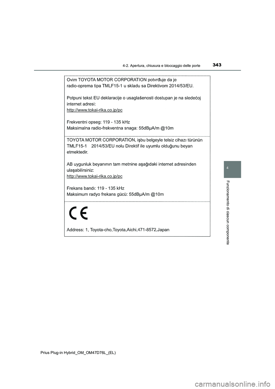 TOYOTA PRIUS PLUG-IN HYBRID 2020  Manuale duso (in Italian) 3434-2. Apertura, chiusura e bloccaggio delle porte
Prius Plug-in Hybrid_OM_OM47D76L_(EL)
4
Funzionamento di ciascun componente 