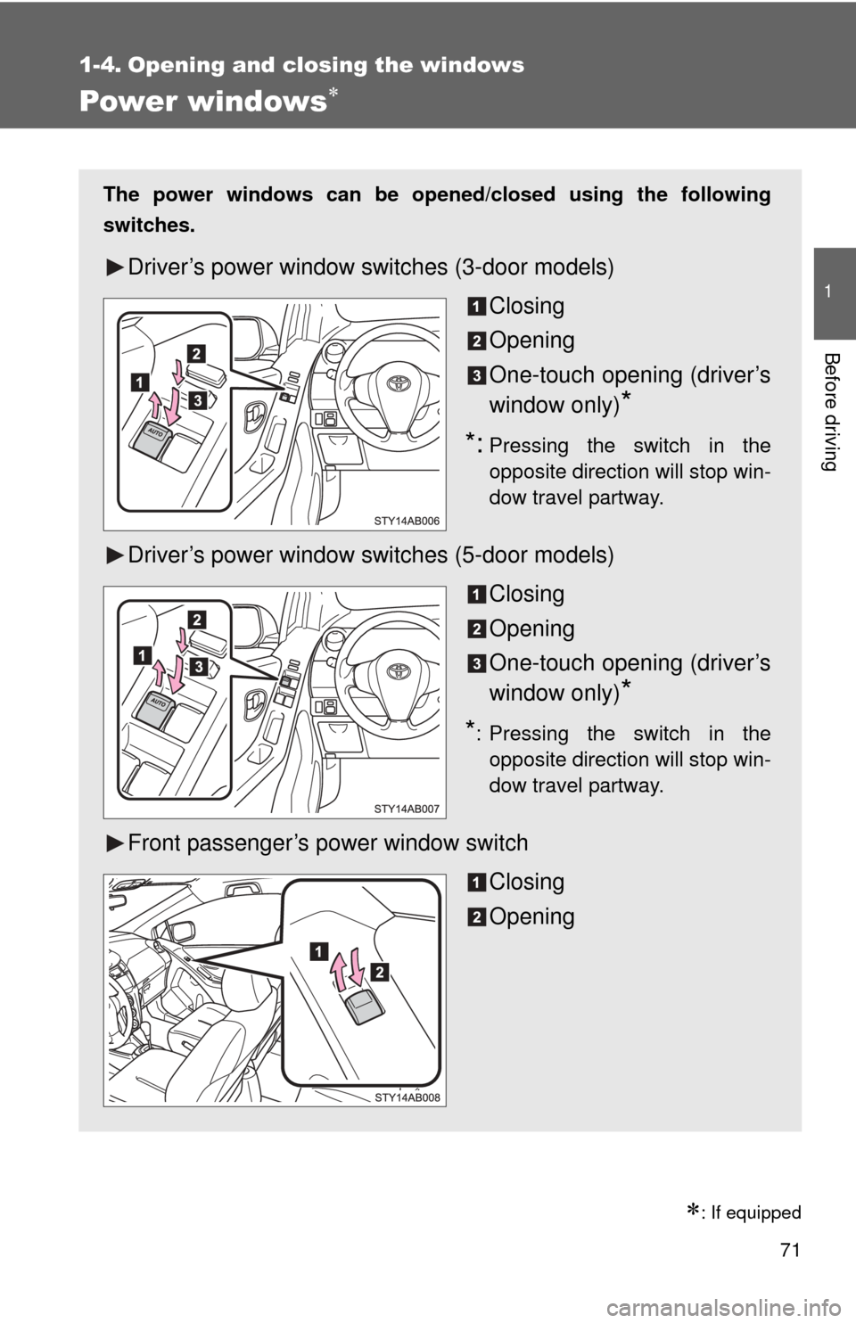 TOYOTA YARIS 2011 3.G Owners Manual 71
1
Before driving
1-4. Opening and closing the windows
Power windows
: If equipped
The power windows can be opened/closed using the following
switches.
Driver’s power window switches (3-door