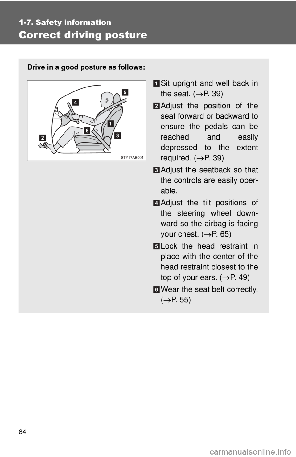 TOYOTA YARIS 2011 3.G Owners Manual 84
1-7. Safety information
Correct driving posture
Drive in a good posture as follows:
Sit upright and well back in
the seat. (P.  3 9 )
Adjust the position of the
seat forward or backward to
ensur