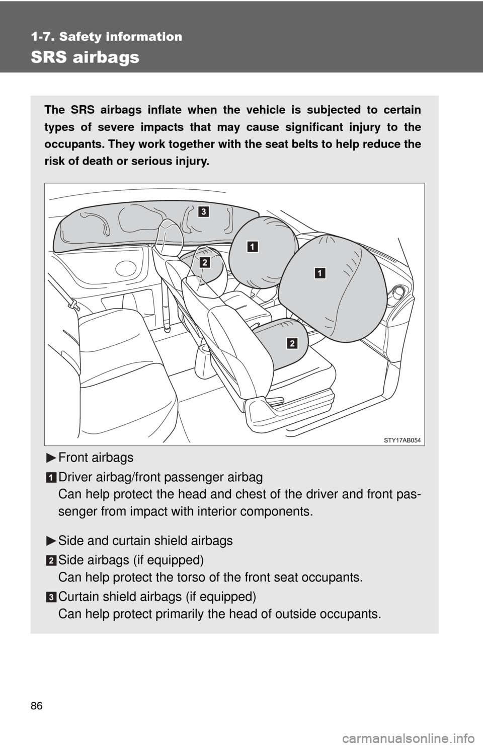 TOYOTA YARIS 2011 3.G Owners Manual 86
1-7. Safety information
SRS airbags
The SRS airbags inflate when the vehicle is subjected to certain
types of severe impacts that may  cause significant injury to the
occupants. They work together 