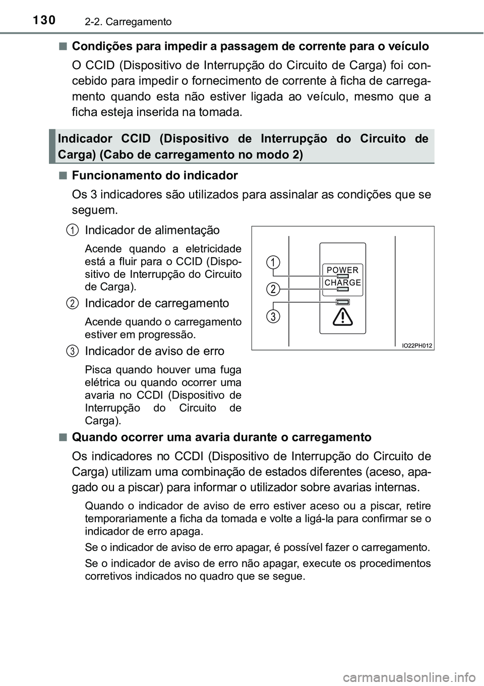 TOYOTA PRIUS PLUG-IN HYBRID 2020 Instrukcja obsługi (in Polish) 1302-2. Carregamento
■Condições para impedir a passagem de corrente para o veículo
O CCID (Dispositivo de Interrupção do Circuito de Carga) foi con-
cebido para impedir o fornecimento TOYOTA PRIUS PLUG-IN HYBRID 2020 Instrukcja obsługi (in Polish) 1302-2. Carregamento
■Condições para impedir a passagem de corrente para o veículo
O CCID (Dispositivo de Interrupção do Circuito de Carga) foi con-
cebido para impedir o fornecimento