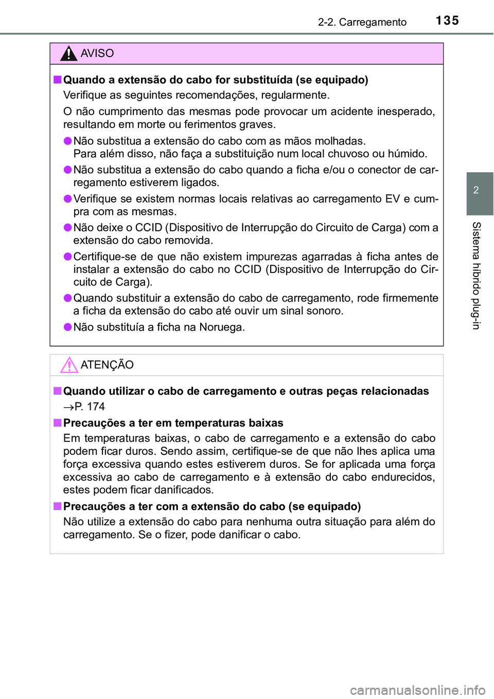 TOYOTA PRIUS PLUG-IN HYBRID 2020 Instrukcja obsługi (in Polish) 1352-2. Carregamento
2
Sistema híbrido plug-in
AV I S O
■Quando a extensão do cabo for substituída (se equipado)
Verifique as seguintes recomendações, regularmente.
O não cumprimento das m TOYOTA PRIUS PLUG-IN HYBRID 2020 Instrukcja obsługi (in Polish) 1352-2. Carregamento
2
Sistema híbrido plug-in
AV I S O
■Quando a extensão do cabo for substituída (se equipado)
Verifique as seguintes recomendações, regularmente.
O não cumprimento das m