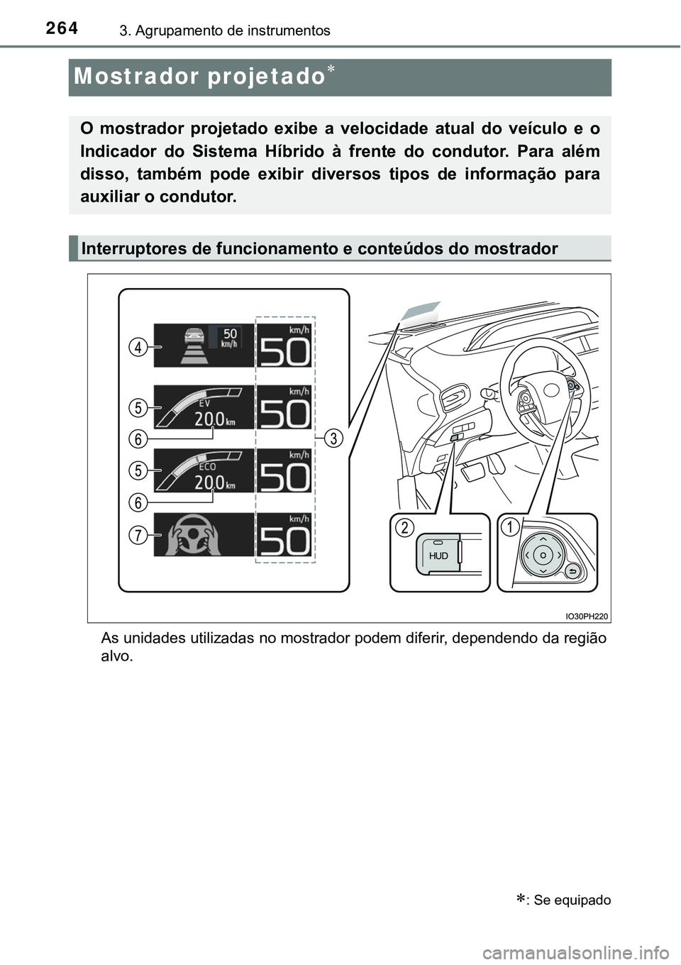 TOYOTA PRIUS PLUG-IN HYBRID 2020  Instrukcja obsługi (in Polish) 2643. Agrupamento de instrumentos
Mostrador projetado
As unidades utilizadas no mostrador podem diferir, dependendo da região
alvo.
: Se equipado
O  mostrador  projetado  exibe  a  velocidade  