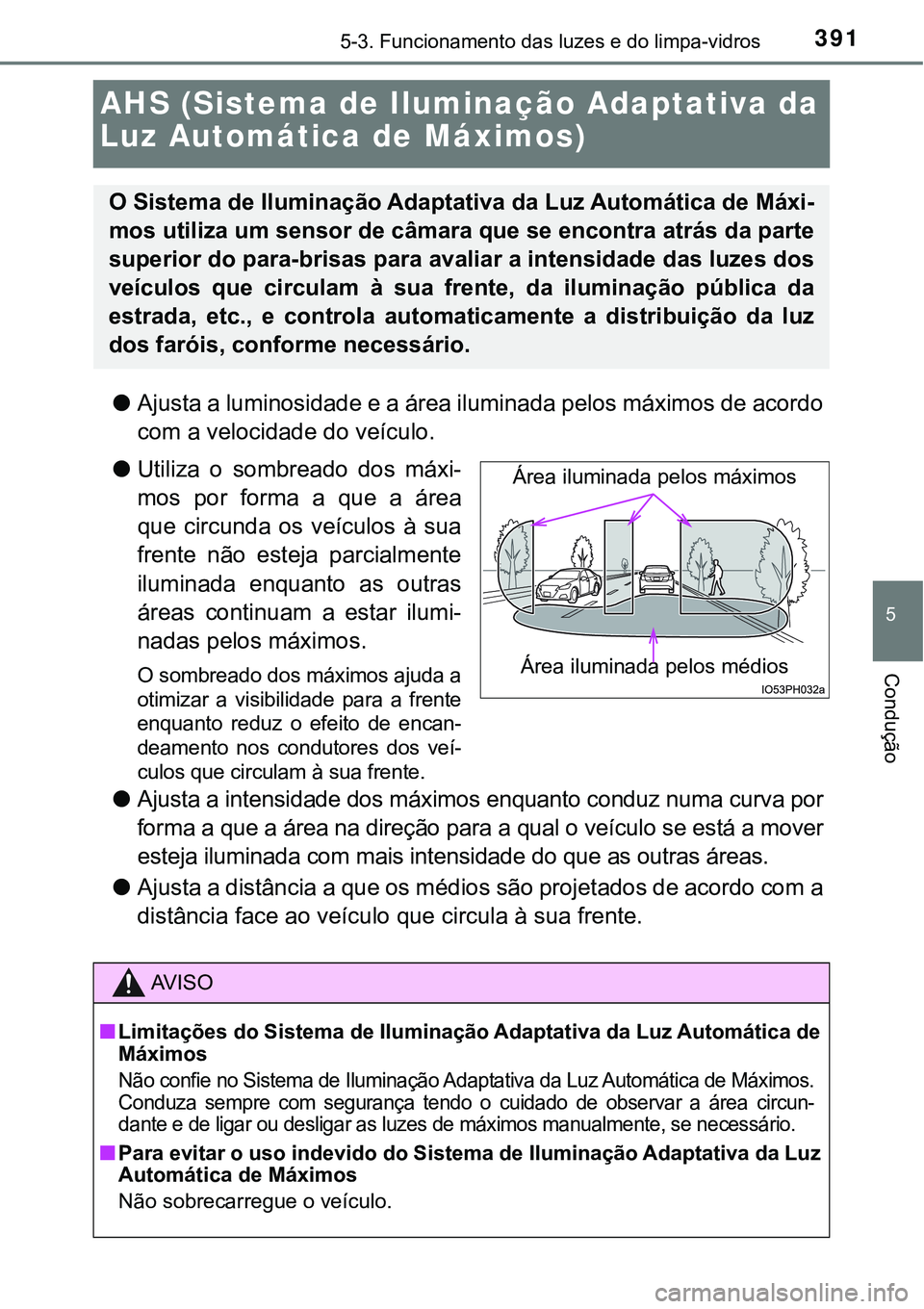 TOYOTA PRIUS PLUG-IN HYBRID 2020 Instrukcja obsługi (in Polish) 3915-3. Funcionamento das luzes e do limpa-vidros
5
Condução
AHS (Sistema de Iluminação Adaptativa da
Luz Automática de Máximos)
●Ajusta a luminosidade e a área iluminada pelos máximos de a TOYOTA PRIUS PLUG-IN HYBRID 2020 Instrukcja obsługi (in Polish) 3915-3. Funcionamento das luzes e do limpa-vidros
5
Condução
AHS (Sistema de Iluminação Adaptativa da
Luz Automática de Máximos)
●Ajusta a luminosidade e a área iluminada pelos máximos de a