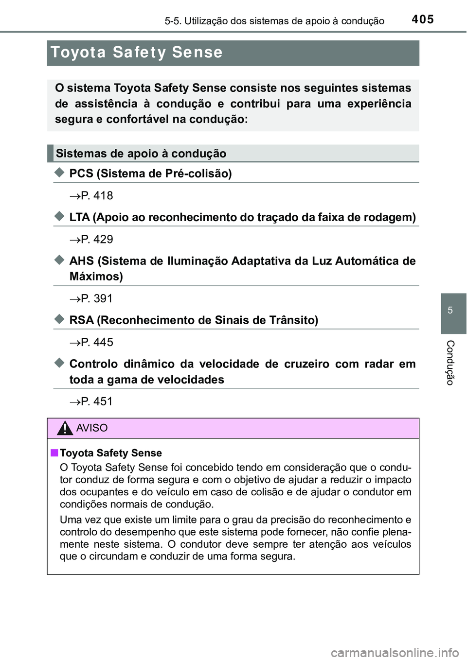 TOYOTA PRIUS PLUG-IN HYBRID 2020 Instrukcja obsługi (in Polish) 4055-5. Utilização dos sistemas de apoio à condução
5
Condução
Toyota Safety Sense
◆PCS (Sistema de Pré-colisão)
P. 4 1 8
◆LTA (Apoio ao reconhecimento do traçado da faixa de rodag TOYOTA PRIUS PLUG-IN HYBRID 2020 Instrukcja obsługi (in Polish) 4055-5. Utilização dos sistemas de apoio à condução
5
Condução
Toyota Safety Sense
◆PCS (Sistema de Pré-colisão)
P. 4 1 8
◆LTA (Apoio ao reconhecimento do traçado da faixa de rodag