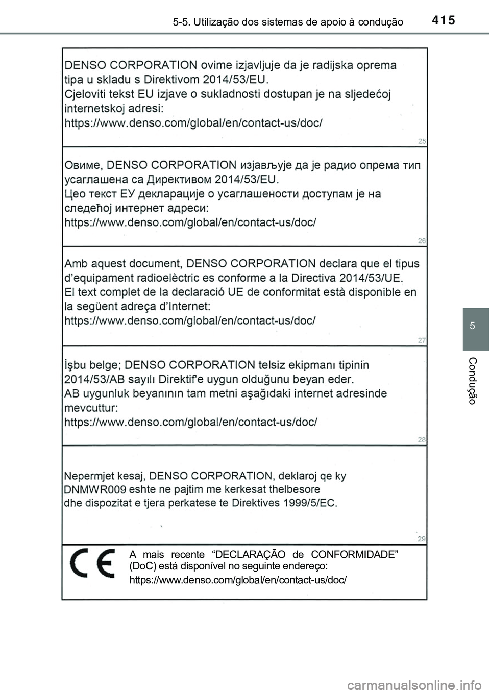 TOYOTA PRIUS PLUG-IN HYBRID 2020  Instrukcja obsługi (in Polish) 4155-5. Utilização dos sistemas de apoio à condução
5
Condução
A  mais  recente  “DECLARAÇÃO  de  CONFORMIDADE”
(DoC) está disponível no seguinte endereço: 
https://www.denso.com/globa