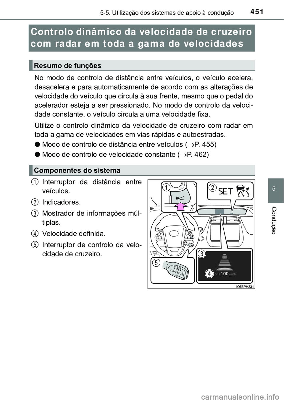 TOYOTA PRIUS PLUG-IN HYBRID 2020  Instrukcja obsługi (in Polish) 4515-5. Utilização dos sistemas de apoio à condução
5
Condução
Controlo dinâmico da velocidade de cruzeiro 
com radar em toda a gama de velocidades
No  modo  de  controlo  de  distância  entr