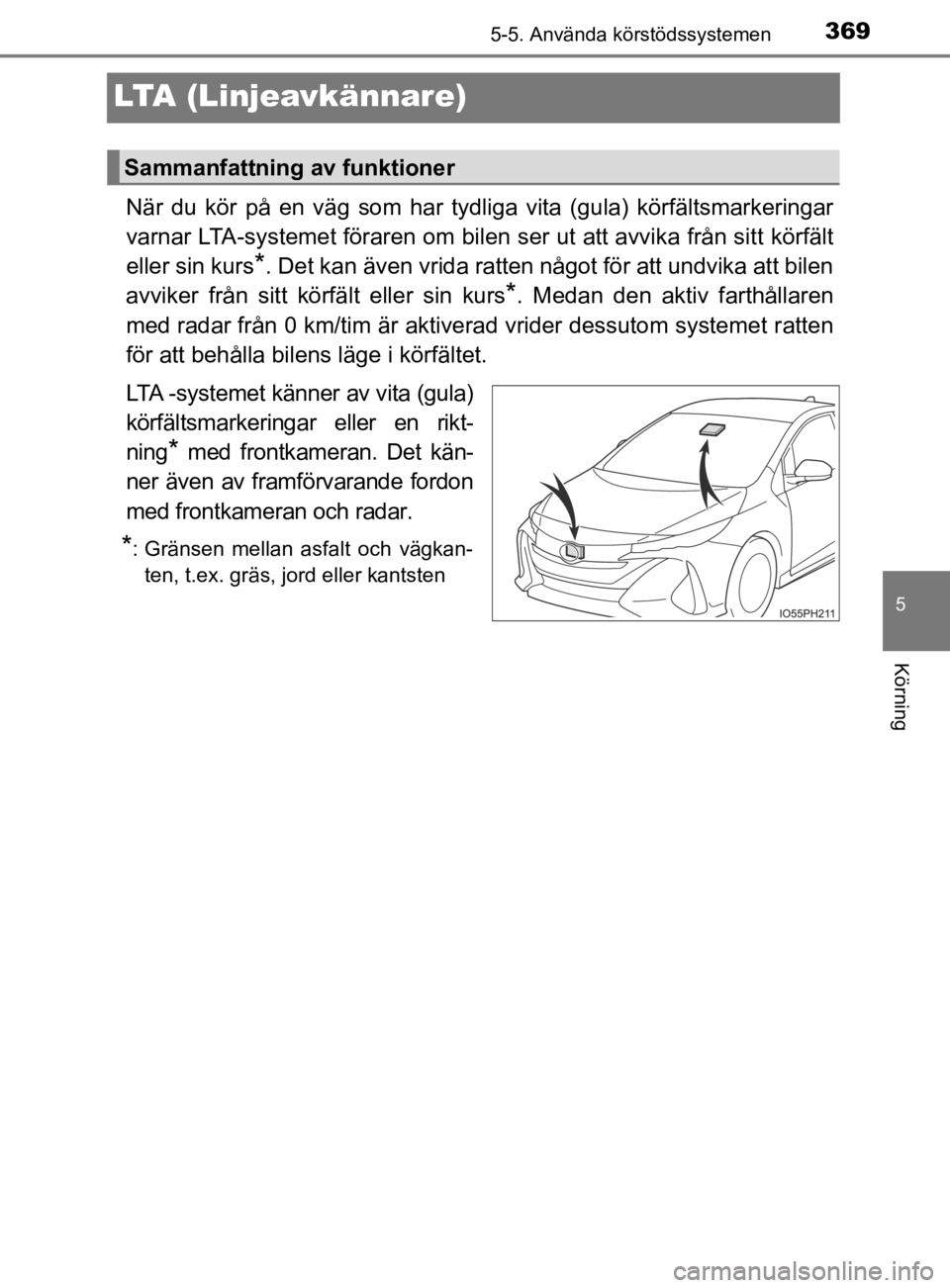 TOYOTA PRIUS PLUG-IN HYBRID 2020  Bruksanvisningar (in Swedish) 3695-5. Använda körstödssystemen
OM47D72SE
5
Körning
LTA (Linjeavkännare)
När  du  kör  på  en  väg  som  har  tydliga  vita  (gula)  körfältsmarker ingar
varnar LTA-systemet föraren om bi