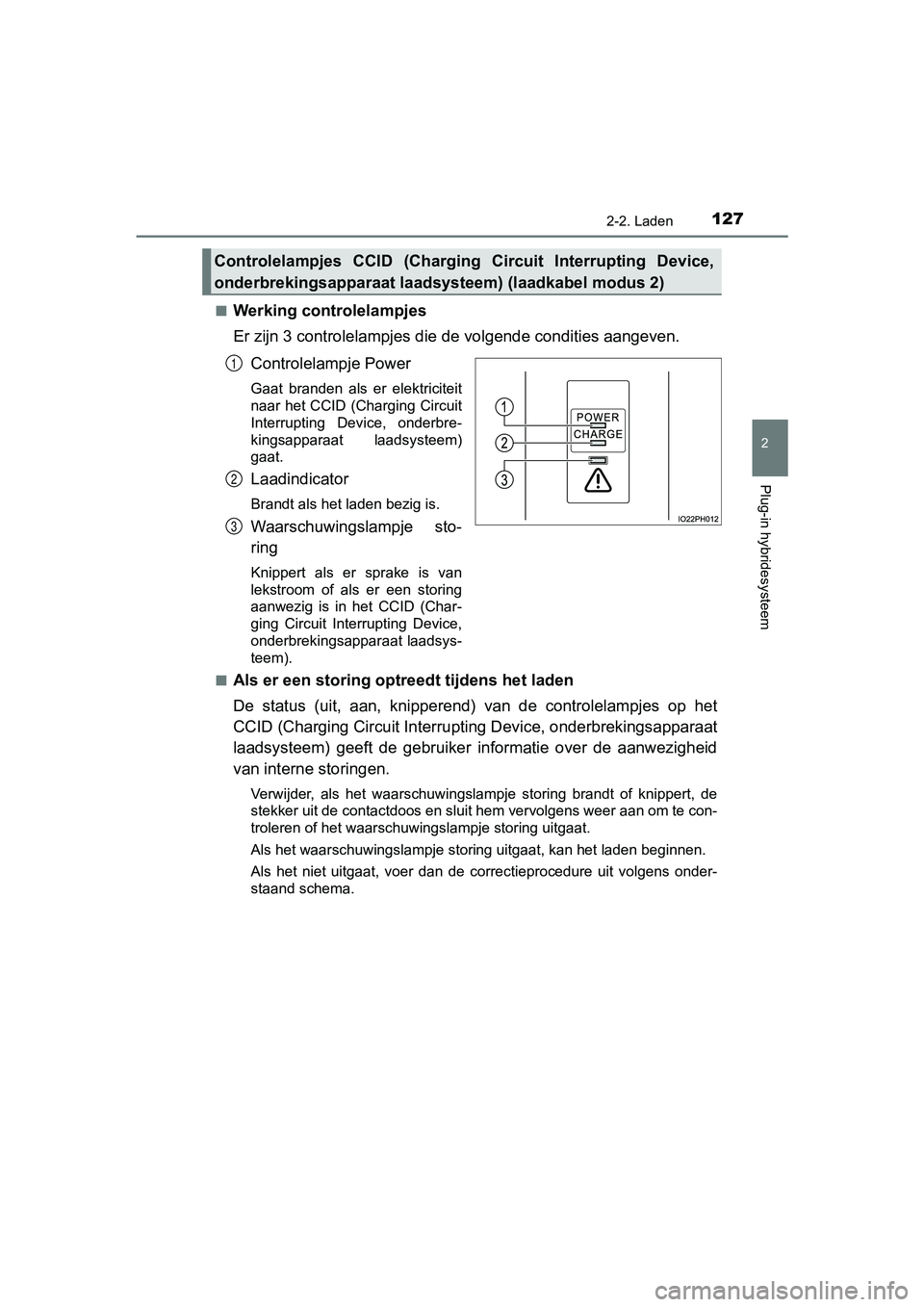 TOYOTA PRIUS PLUG-IN HYBRID 2019  Instructieboekje (in Dutch) 1272-2. Laden
2
Plug-in hybridesysteem
PRIUS PHV_OM_OM47C78E_(EE)■
Werking controlelampjes
Er zijn 3 controlelampjes die de volgende condities aangeven.
Controlelampje Power
Gaat  branden  als  er  