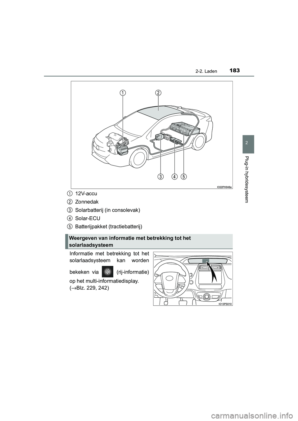 TOYOTA PRIUS PLUG-IN HYBRID 2019  Instructieboekje (in Dutch) 1832-2. Laden
2
Plug-in hybridesysteem
PRIUS PHV_OM_OM47C78E_(EE)
12V-accu
Zonnedak
Solarbatterij (in consolevak)
Solar-ECU
Batterijpakket (tractiebatterij)
Informatie  met  betrekking  tot  het
solar