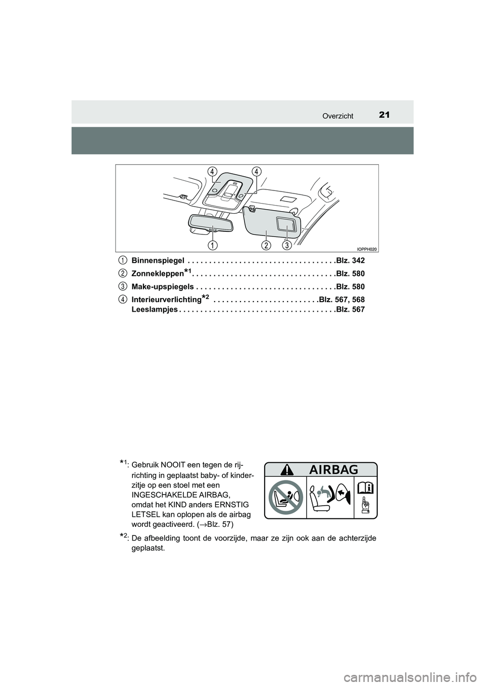 TOYOTA PRIUS PLUG-IN HYBRID 2019  Instructieboekje (in Dutch) 21Overzicht
PRIUS PHV_OM_OM47C78E_(EE)Binnenspiegel  . . . . . . . . . . . . . . . . . . . . . . . . . . . . . . . . . . .Blz. 342
Zonnekleppen
*1. . . . . . . . . . . . . . . . . . . . . . . . . . . 