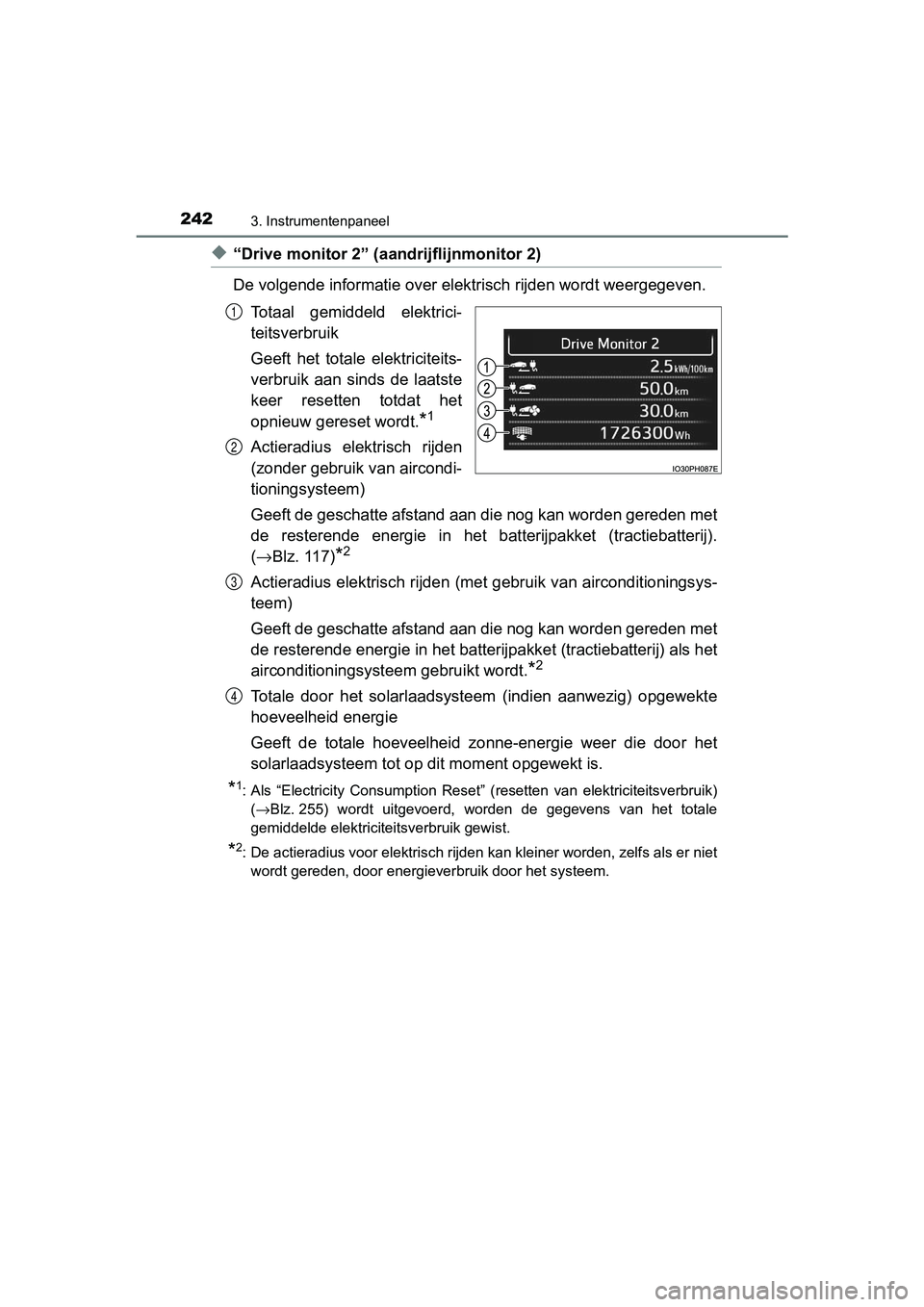 TOYOTA PRIUS PLUG-IN HYBRID 2019  Instructieboekje (in Dutch) 2423. Instrumentenpaneel
PRIUS PHV_OM_OM47C78E_(EE)
◆“Drive monitor 2” (aandrijflijnmonitor 2)
De volgende informatie over elek trisch rijden wordt weergegeven.
Totaal  gemiddeld  elektrici-
tei