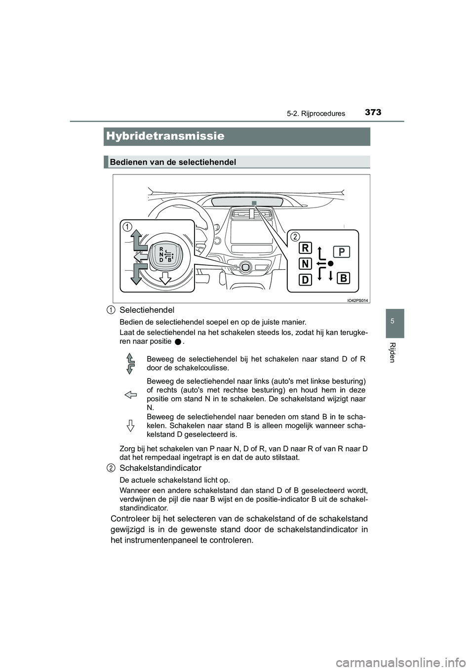 TOYOTA PRIUS PLUG-IN HYBRID 2019 Instructieboekje (in Dutch) 3735-2. Rijprocedures
PRIUS PHV_OM_OM47C78E_(EE)
5
Rijden
Hybridetransmissie
Selectiehendel
Bedien de selectiehendel soepel en op de juiste manier.
Laat de selectiehendel na het schakelen steeds los, TOYOTA PRIUS PLUG-IN HYBRID 2019 Instructieboekje (in Dutch) 3735-2. Rijprocedures
PRIUS PHV_OM_OM47C78E_(EE)
5
Rijden
Hybridetransmissie
Selectiehendel
Bedien de selectiehendel soepel en op de juiste manier.
Laat de selectiehendel na het schakelen steeds los,