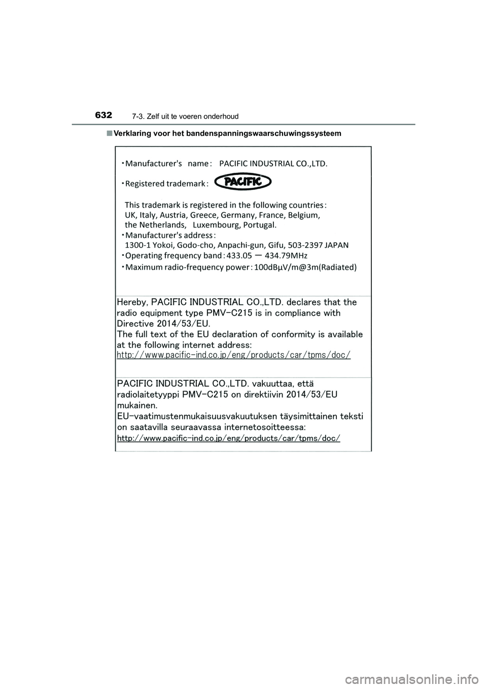 TOYOTA PRIUS PLUG-IN HYBRID 2019  Instructieboekje (in Dutch) 6327-3. Zelf uit te voeren onderhoud
PRIUS PHV_OM_OM47C78E_(EE)■
Verklaring voor het banden spanningswaarschuwingssysteem
PRIUS PHV_OM_OM47C78E_(EE).boo k  Page 632  Wednesday, April 3, 2019  10:55 