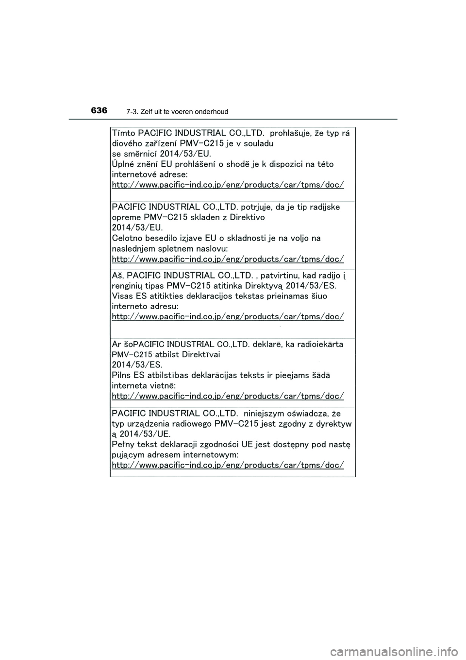 TOYOTA PRIUS PLUG-IN HYBRID 2019  Instructieboekje (in Dutch) 6367-3. Zelf uit te voeren onderhoud
PRIUS PHV_OM_OM47C78E_(EE)
PRIUS PHV_OM_OM47C78E_(EE).book  Page 636  Wednesday, April 3, 2019  10:55 AM 
