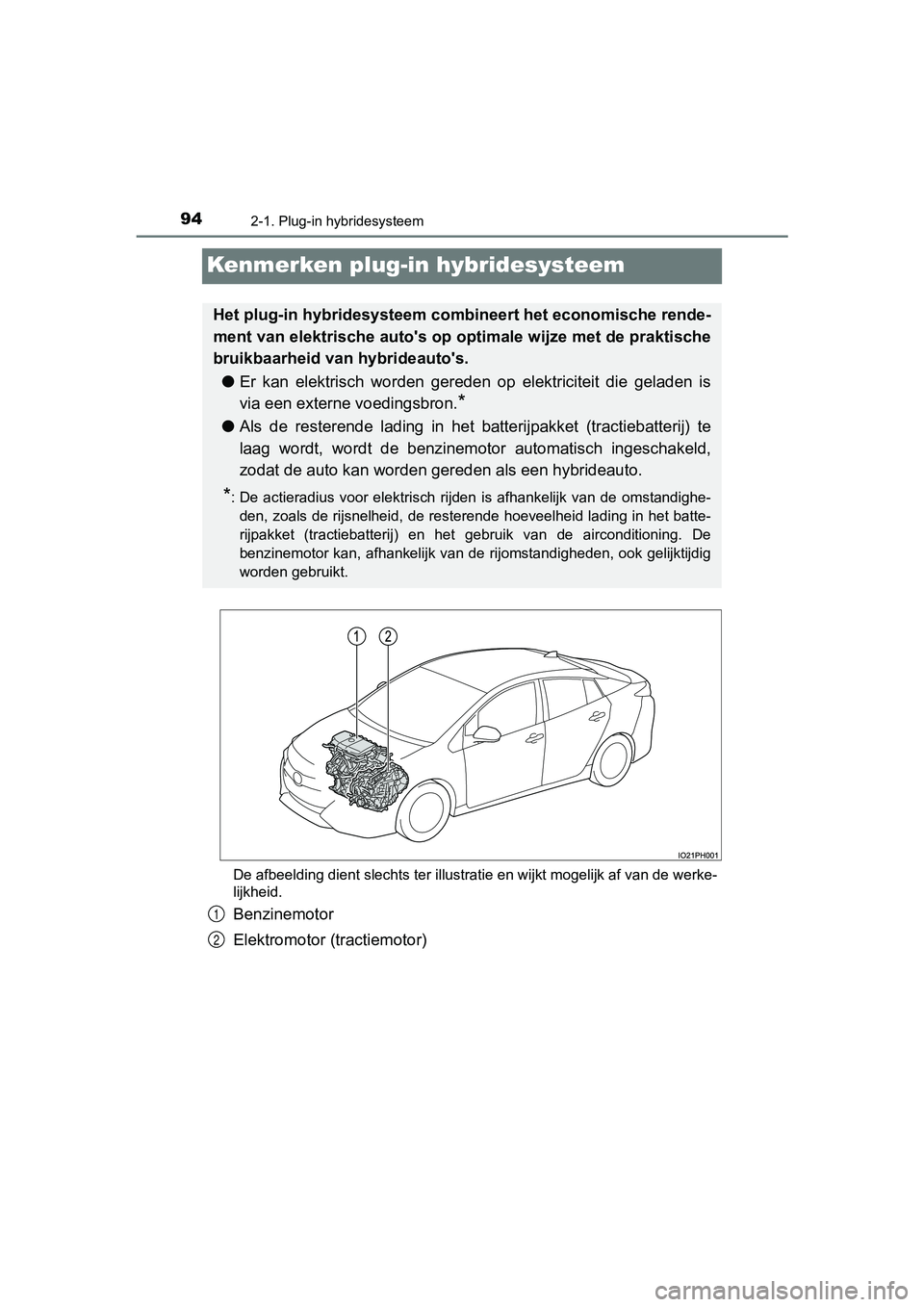 TOYOTA PRIUS PLUG-IN HYBRID 2019  Instructieboekje (in Dutch) 942-1. Plug-in hybridesysteem
PRIUS PHV_OM_OM47C78E_(EE)
Kenmerken plug-i n hybridesysteem
De afbeelding dient slechts ter illustratie en wijkt mogelijk af van de werke-
lijkheid.
Benzinemotor
Elektro