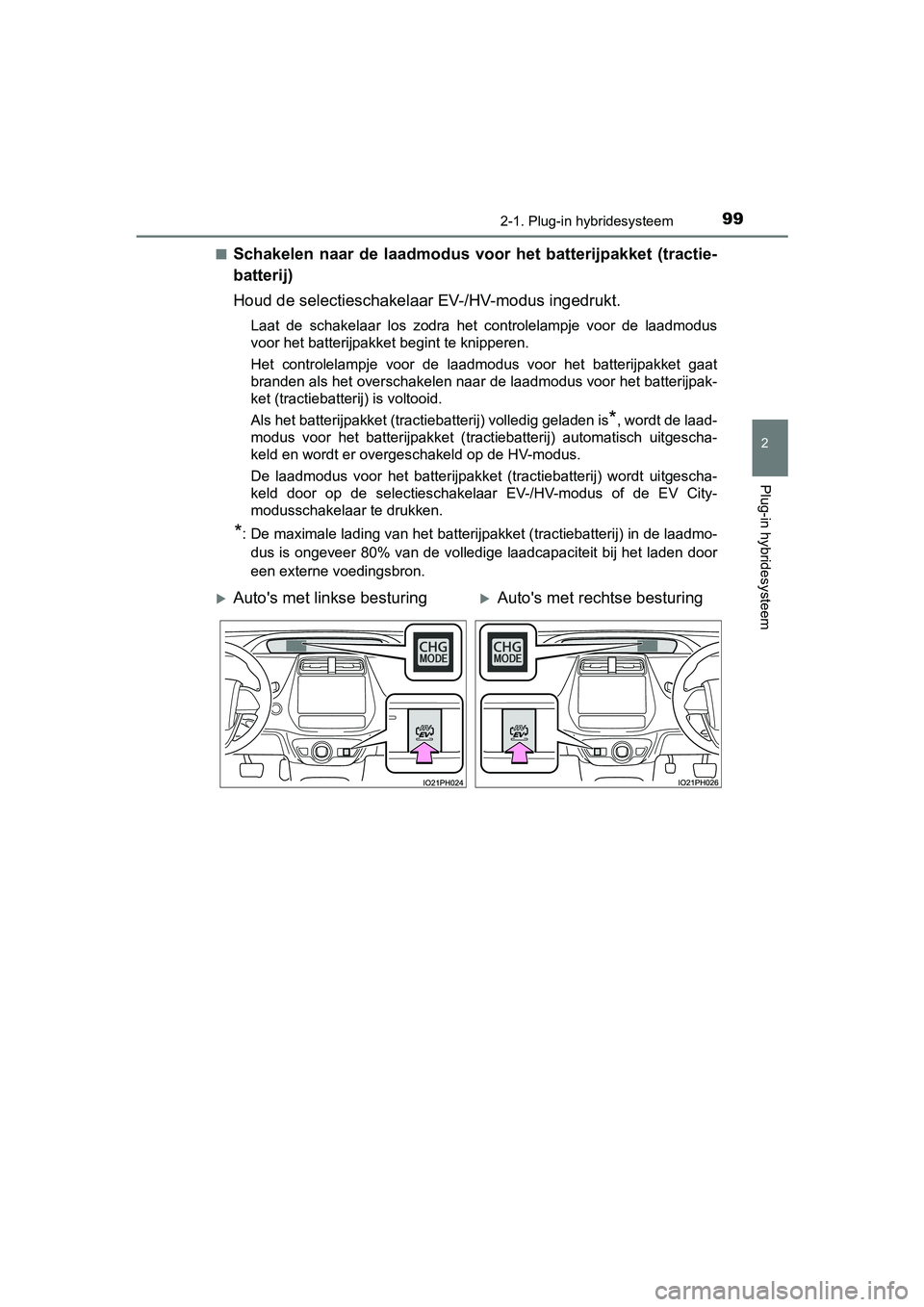 TOYOTA PRIUS PLUG-IN HYBRID 2019  Instructieboekje (in Dutch) 992-1. Plug-in hybridesysteem
2
Plug-in hybridesysteem
PRIUS PHV_OM_OM47C78E_(EE)■
Schakelen  naar  de  laadmodus  voo
r  het  batterijpakket  (tractie-
batterij)
Houd de selectieschakelaar  EV-/HV-