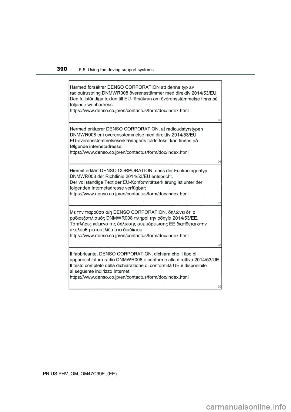 TOYOTA PRIUS PLUG-IN HYBRID 2018  Owners Manual 3905-5. Using the driving support systems
PRIUS PHV_OM_OM47C99E_(EE) 
