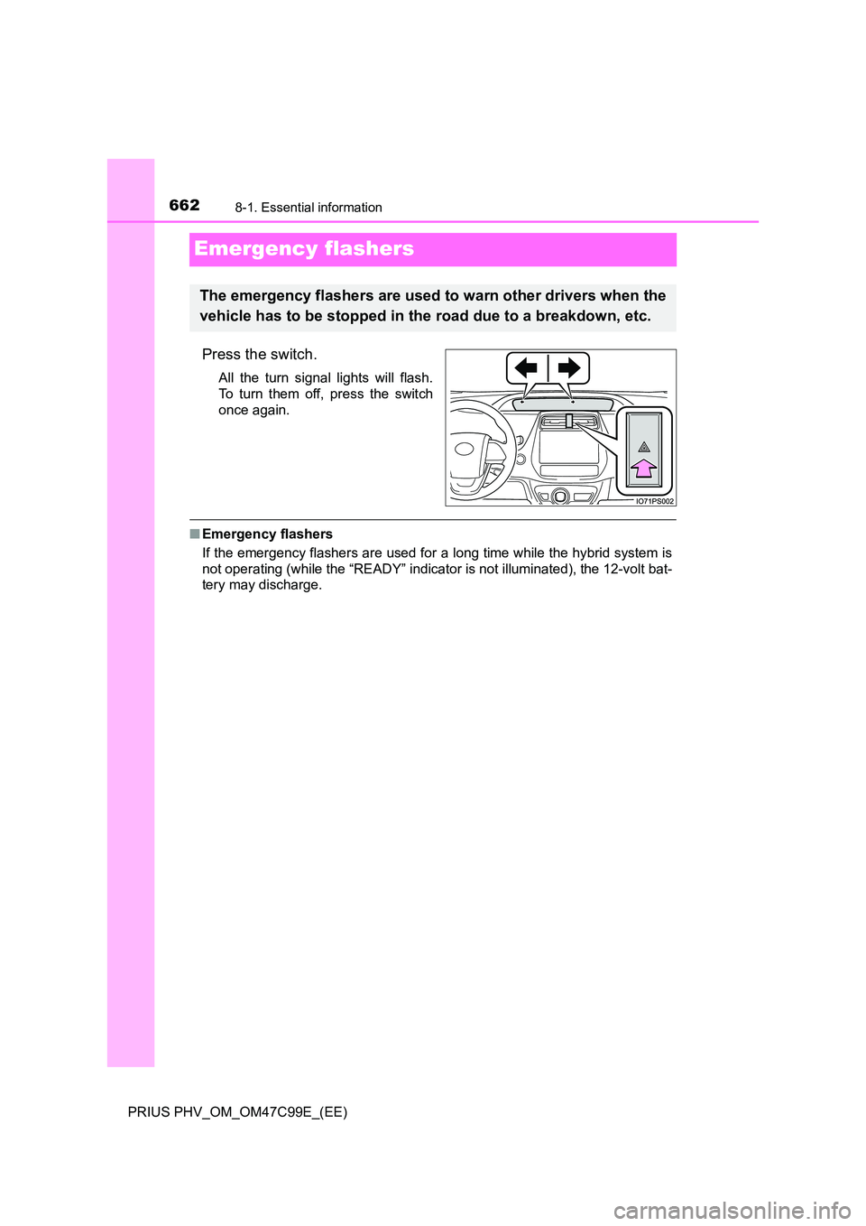 TOYOTA PRIUS PLUG-IN HYBRID 2018  Owners Manual 6628-1. Essential information
PRIUS PHV_OM_OM47C99E_(EE)
Emergency flashers
Press the switch.
All the turn signal lights will flash. 
To turn them off, press the switch
once again.
■ Emergency flash