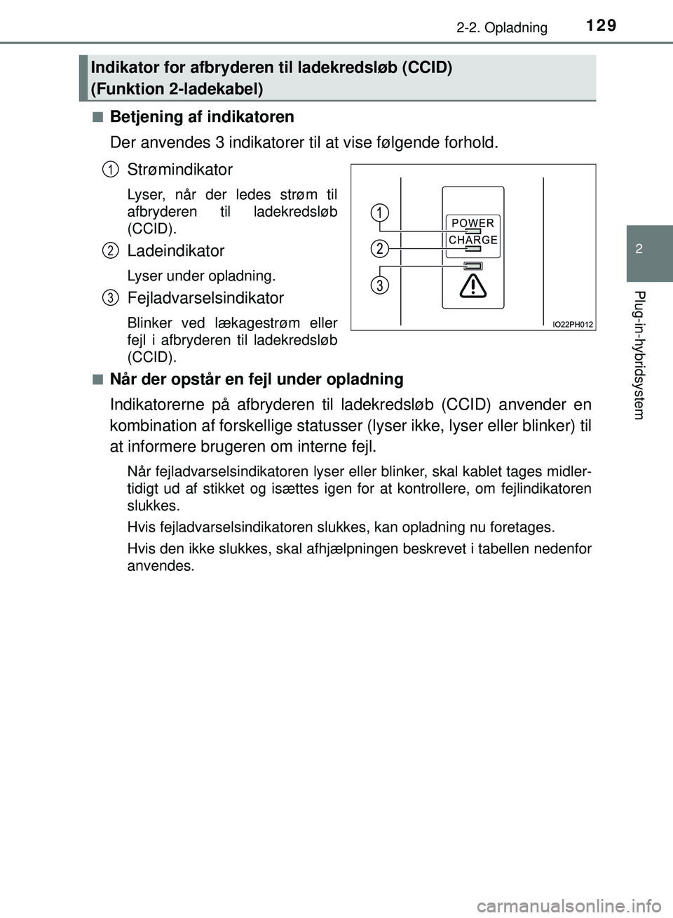 TOYOTA PRIUS PLUG-IN HYBRID 2018  Brugsanvisning (in Danish) 1292-2. Opladning
2
Plug-in-hybridsystem
OM47C99DKn
Betjening af indikatoren
Der anvendes 3 indikatorer til at vise følgende forhold.
Strømindikator
Lyser, når der ledes strøm til
afbryderen til l
