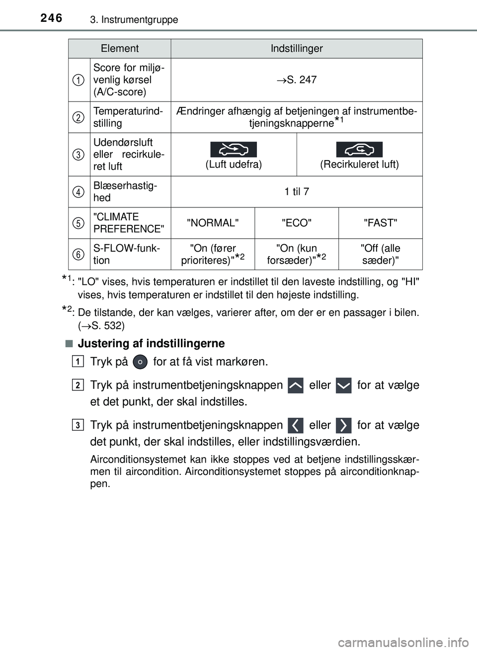 TOYOTA PRIUS PLUG-IN HYBRID 2018  Brugsanvisning (in Danish) 2463. Instrumentgruppe
OM47C99DK
*1: "LO" vises, hvis temperaturen er indstillet til den laveste indstilling, og "HI"vises, hvis temperaturen er indstillet til den højeste indstilling.
*2: De tilstan