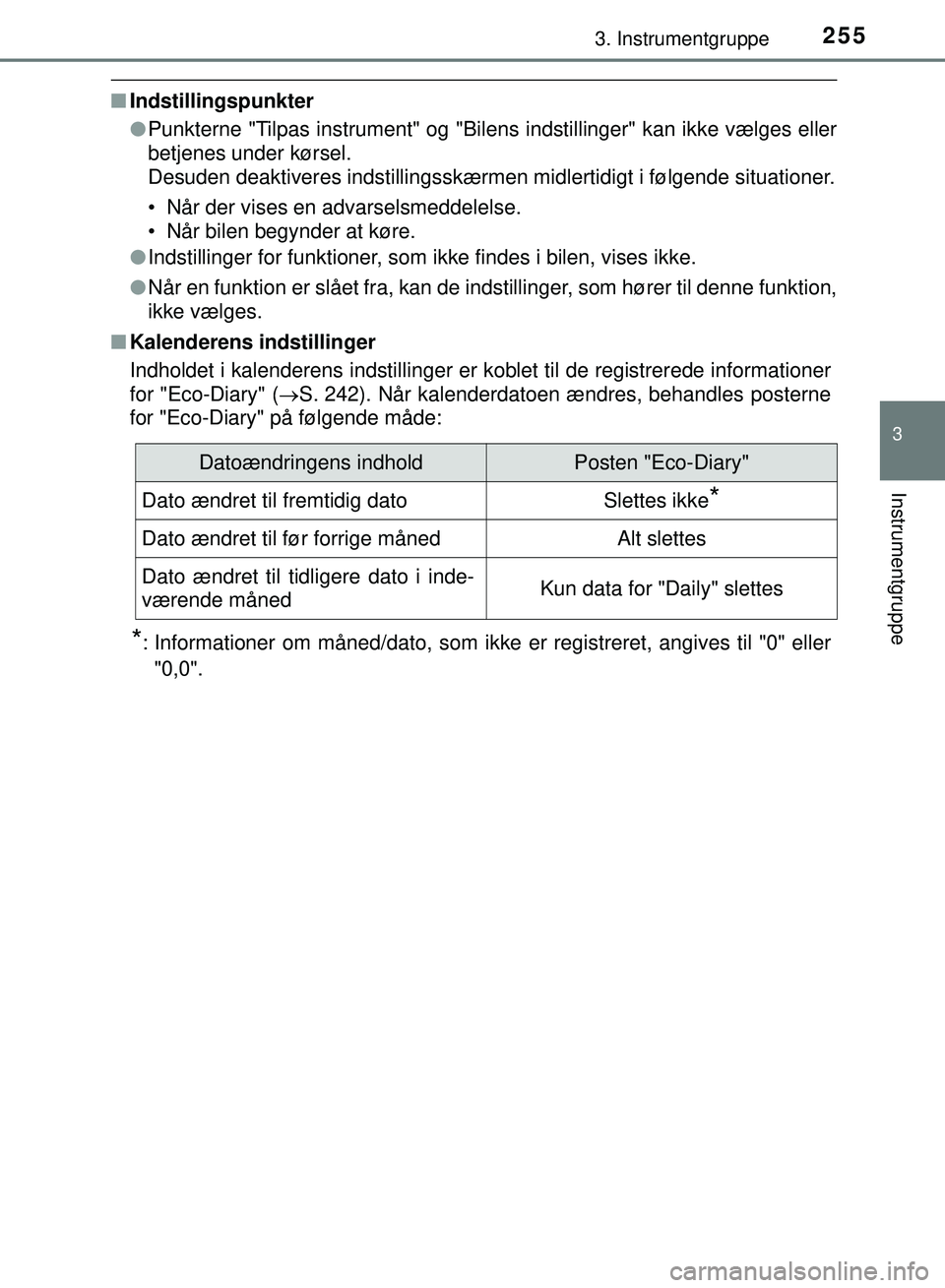 TOYOTA PRIUS PLUG-IN HYBRID 2018  Brugsanvisning (in Danish) 2553. Instrumentgruppe
3
Instrumentgruppe
OM47C99DK
nIndstillingspunkter
lPunkterne "Tilpas instrument" og "Bilens indstillinger" kan ikke vælges eller
betjenes under kørsel. 
Desuden deaktiveres in
