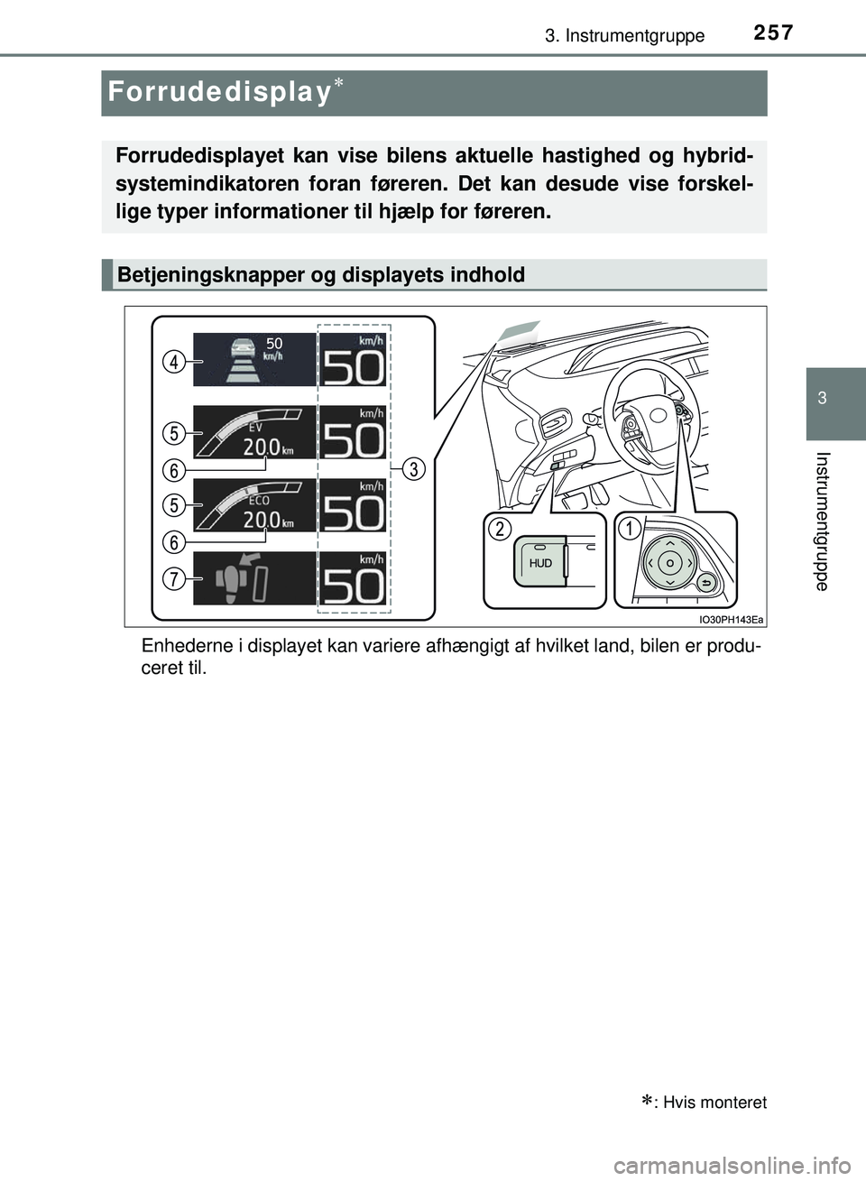 TOYOTA PRIUS PLUG-IN HYBRID 2018  Brugsanvisning (in Danish) 2573. Instrumentgruppe
OM47C99DK
3
Instrumentgruppe
Forrudedisplay
Enhederne i displayet kan variere afhængigt af hvilket land, bilen er produ-
ceret til.
: Hvis monteret
Forrudedisplayet kan v