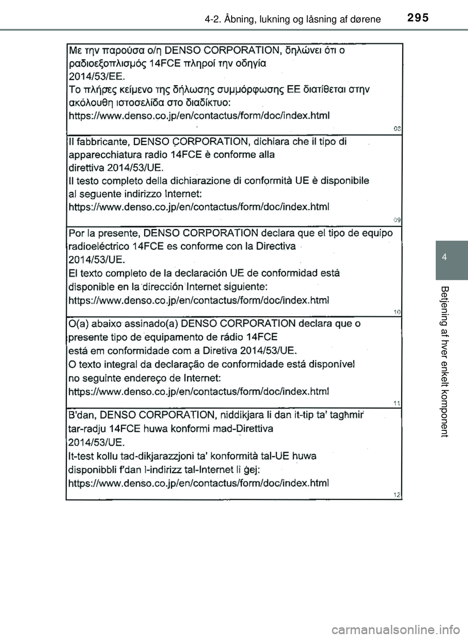 TOYOTA PRIUS PLUG-IN HYBRID 2018  Brugsanvisning (in Danish) 2954-2. Åbning, lukning og låsning af dørene
OM47C99DK
4
Betjening af hver enkelt komponent
OM47C99DK.book  Page 295  Friday, August 10, 2018  11:20 AM 