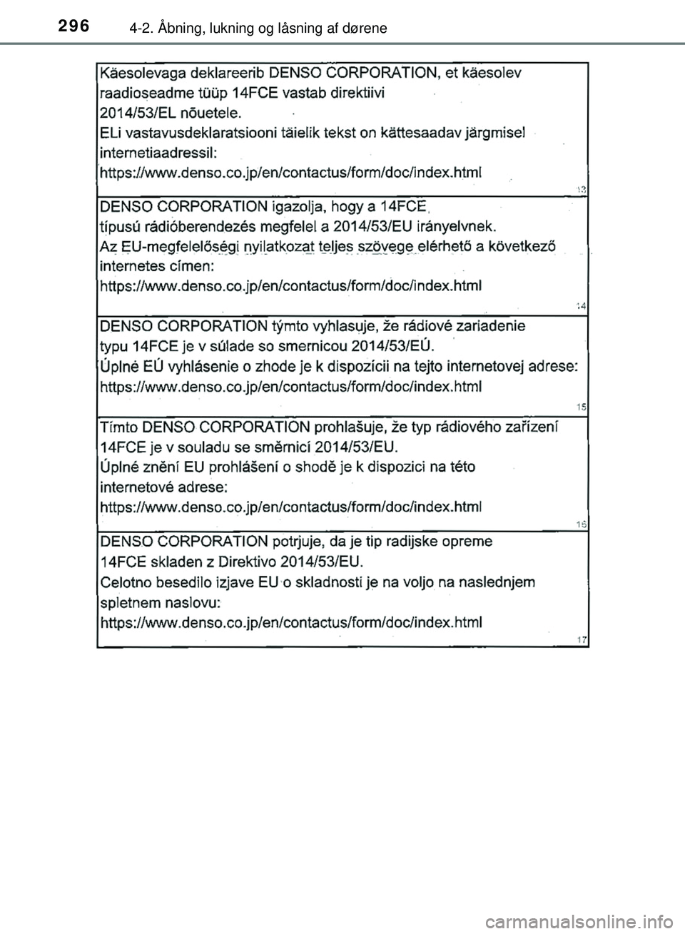 TOYOTA PRIUS PLUG-IN HYBRID 2018  Brugsanvisning (in Danish) 2964-2. Åbning, lukning og låsning af dørene
OM47C99DK
OM47C99DK.book  Page 296  Friday, August 10, 2018  11:20 AM 