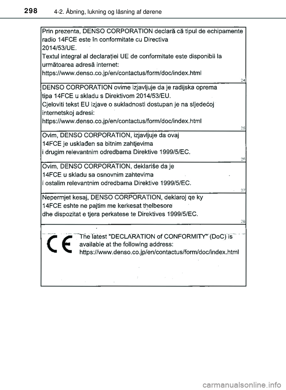 TOYOTA PRIUS PLUG-IN HYBRID 2018  Brugsanvisning (in Danish) 2984-2. Åbning, lukning og låsning af dørene
OM47C99DK
OM47C99DK.book  Page 298  Friday, August 10, 2018  11:20 AM 