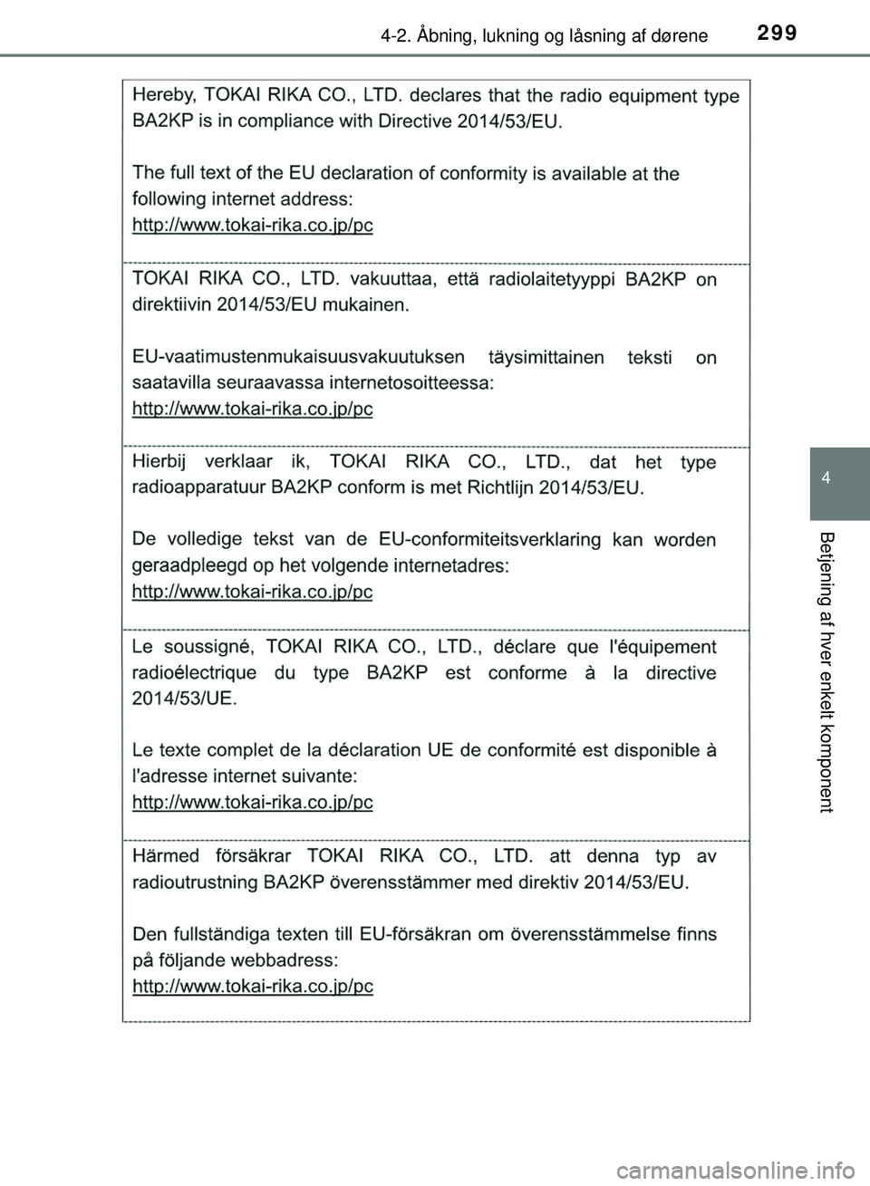 TOYOTA PRIUS PLUG-IN HYBRID 2018  Brugsanvisning (in Danish) 2994-2. Åbning, lukning og låsning af dørene
OM47C99DK
4
Betjening af hver enkelt komponent
OM47C99DK.book  Page 299  Friday, August 10, 2018  11:20 AM 