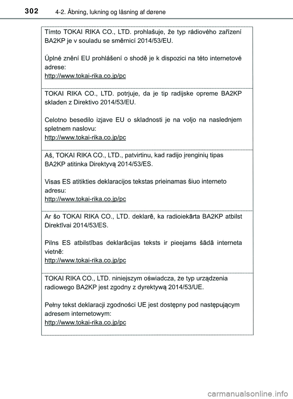 TOYOTA PRIUS PLUG-IN HYBRID 2018  Brugsanvisning (in Danish) 3024-2. Åbning, lukning og låsning af dørene
OM47C99DK
OM47C99DK.book  Page 302  Friday, August 10, 2018  11:20 AM 