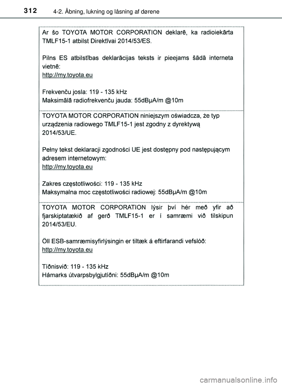 TOYOTA PRIUS PLUG-IN HYBRID 2018  Brugsanvisning (in Danish) 3124-2. Åbning, lukning og låsning af dørene
OM47C99DK
OM47C99DK.book  Page 312  Friday, August 10, 2018  11:20 AM 