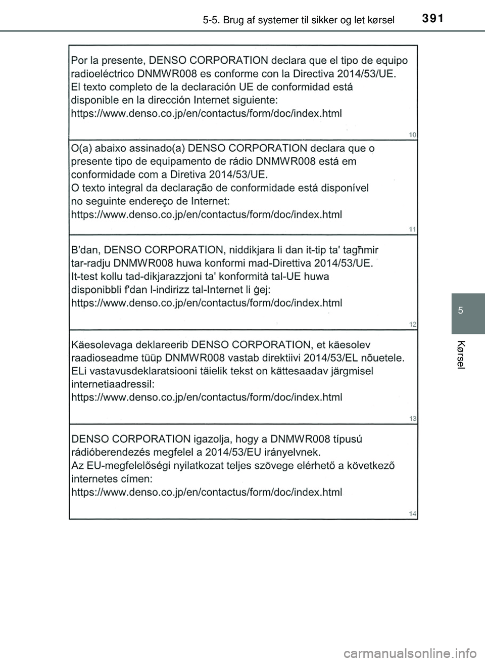 TOYOTA PRIUS PLUG-IN HYBRID 2018  Brugsanvisning (in Danish) 3915-5. Brug af systemer til sikker og let kørsel
OM47C99DK
5
Kørsel
OM47C99DK.book  Page 391  Friday, August 10, 2018  11:20 AM 