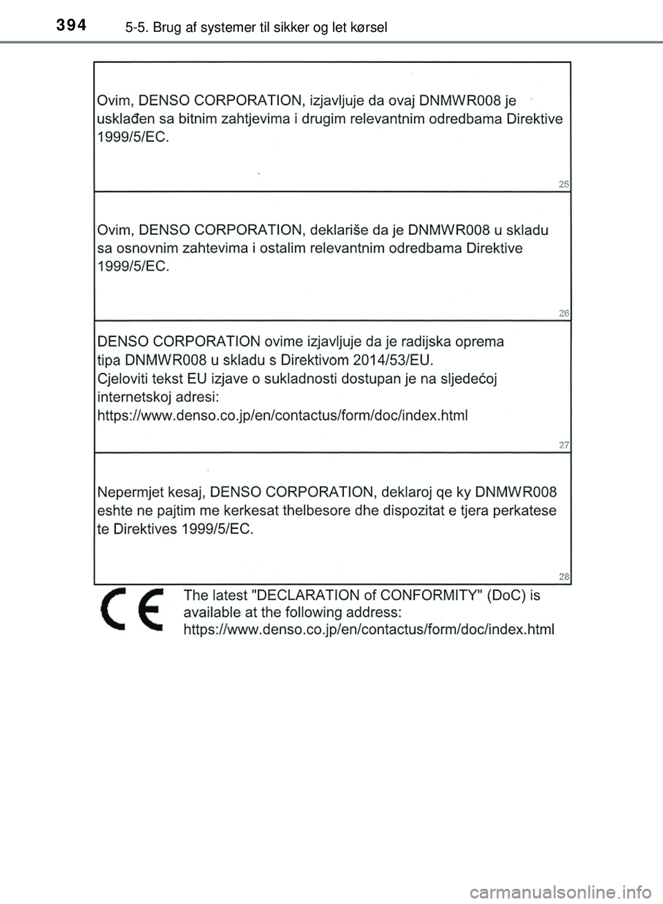 TOYOTA PRIUS PLUG-IN HYBRID 2018  Brugsanvisning (in Danish) 3945-5. Brug af systemer til sikker og let kørsel
OM47C99DK
OM47C99DK.book  Page 394  Friday, August 10, 2018  11:20 AM 