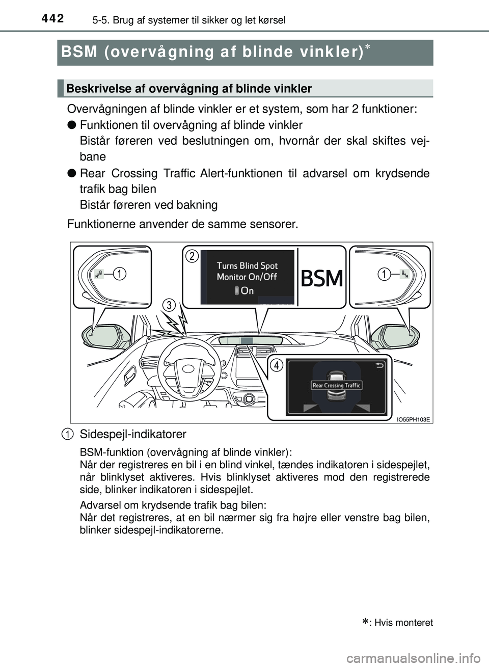 TOYOTA PRIUS PLUG-IN HYBRID 2018  Brugsanvisning (in Danish) 4425-5. Brug af systemer til sikker og let kørsel
OM47C99DK
BSM (overvågning af blinde vinkler)
Overvågningen af blinde vinkler er et system, som har 2 funktioner:
lFunktionen til overvågning a