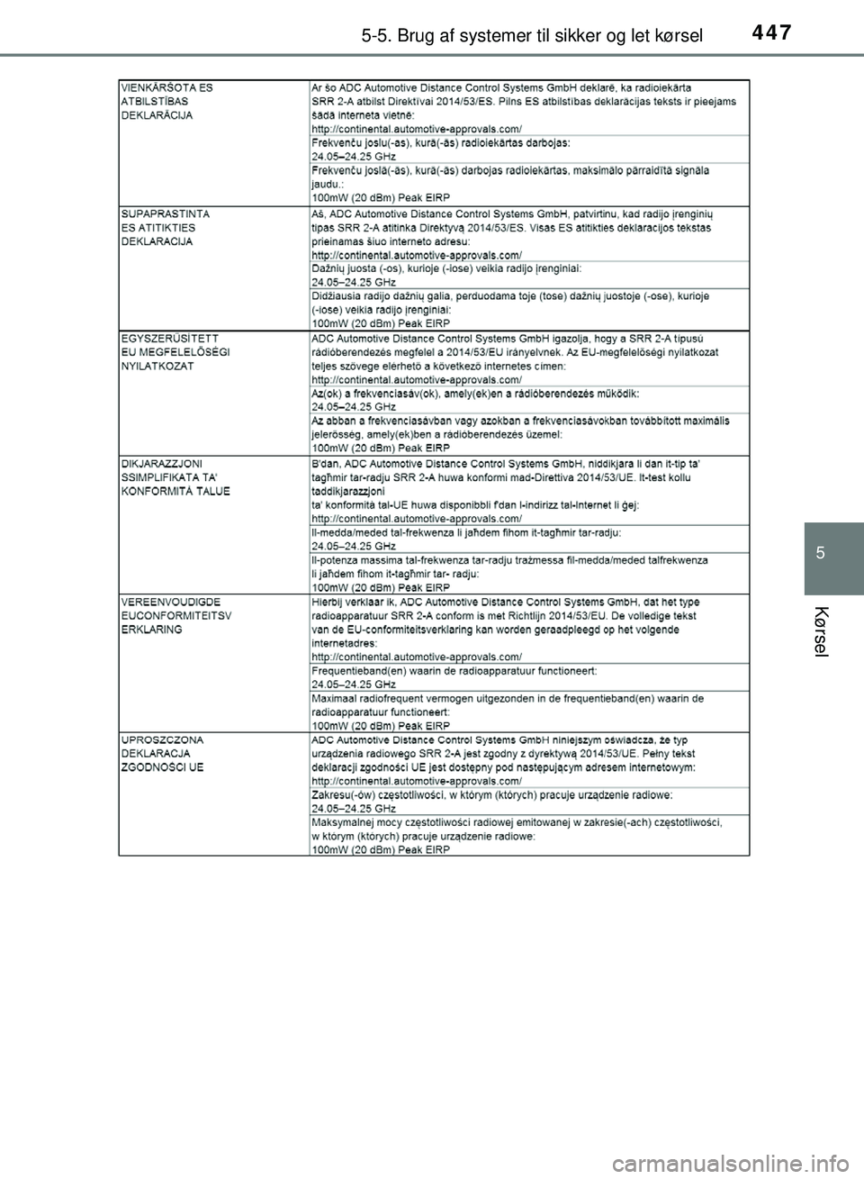 TOYOTA PRIUS PLUG-IN HYBRID 2018  Brugsanvisning (in Danish) 4475-5. Brug af systemer til sikker og let kørsel
OM47C99DK
5
Kørsel
OM47C99DK.book  Page 447  Friday, August 10, 2018  11:20 AM 