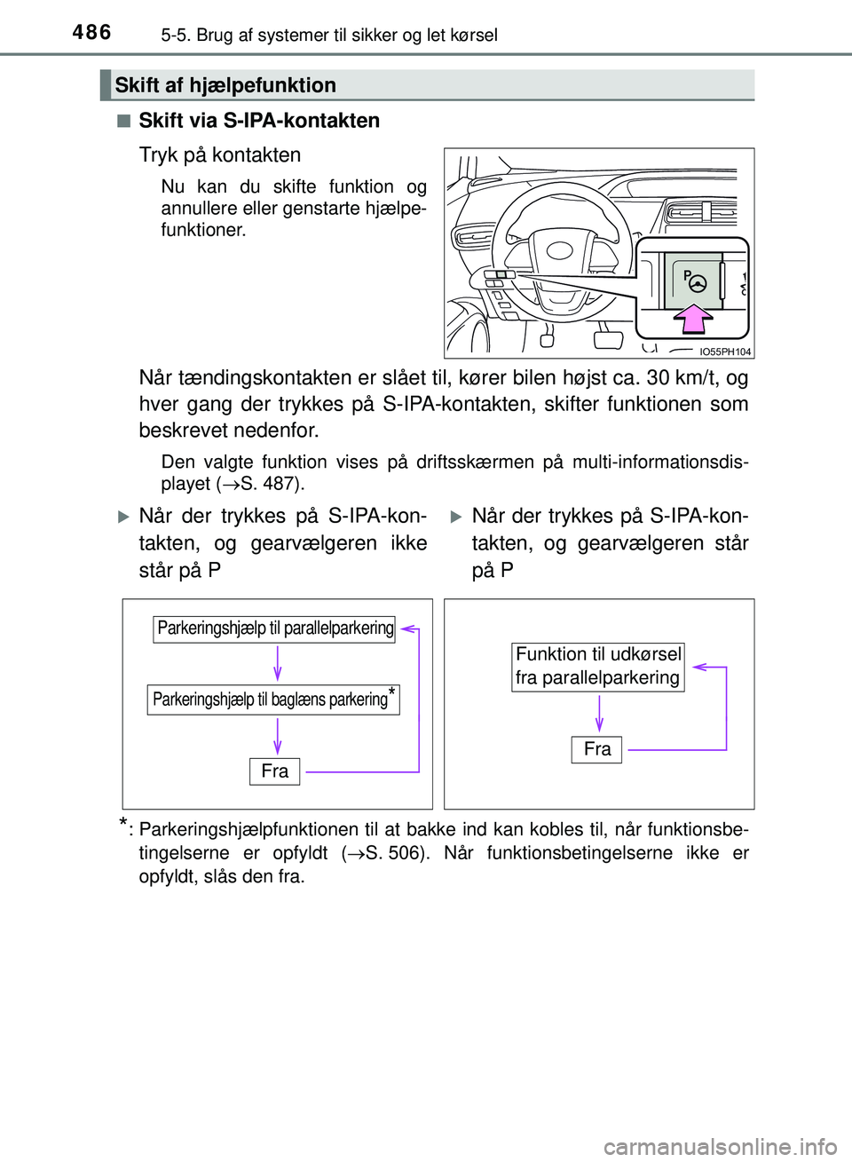 TOYOTA PRIUS PLUG-IN HYBRID 2018  Brugsanvisning (in Danish) 4865-5. Brug af systemer til sikker og let kørsel
OM47C99DKn
Skift via S-IPA-kontakten
Tryk på kontakten
Nu kan du skifte funktion og
annullere eller genstarte hjælpe-
funktioner.
Når tændingskon