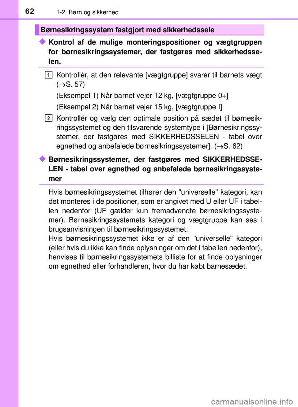TOYOTA PRIUS PLUG-IN HYBRID 2018  Brugsanvisning (in Danish) 621-2. Børn og sikkerhed
OM47C99DK
uKontrol af de mulige monteringspositioner og vægtgruppen
for børnesikringssystemer, der fastgøres med sikkerhedsse-
len.
Kontrollér, at den relevante [vægtgru