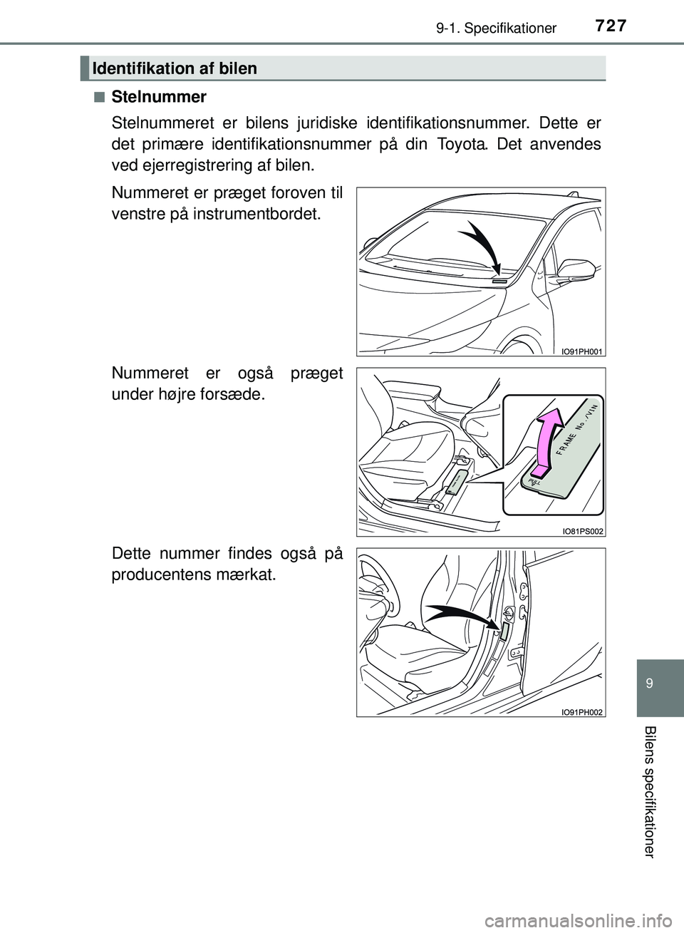 TOYOTA PRIUS PLUG-IN HYBRID 2018  Brugsanvisning (in Danish) 7279-1. Specifikationer
OM47C99DK
9
Bilens specifikationer
nStelnummer
Stelnummeret er bilens juridiske identifikationsnummer. Dette er
det primære identifik ationsnummer på din  Toyota. Det anvende