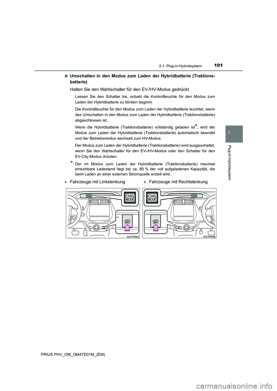TOYOTA PRIUS PLUG-IN HYBRID 2018 Betriebsanleitungen (in German) 1012-1. Plug-in-Hybridsystem
2
Plug-in-Hybridsystem
PRIUS PHV_OM_OM47D01M_(EM)■
Umschalten in den Modus zum Laden der Hybridbatterie (Traktions-
batterie)
Halten Sie den Wahlschalter für den EV-/HV TOYOTA PRIUS PLUG-IN HYBRID 2018 Betriebsanleitungen (in German) 1012-1. Plug-in-Hybridsystem
2
Plug-in-Hybridsystem
PRIUS PHV_OM_OM47D01M_(EM)■
Umschalten in den Modus zum Laden der Hybridbatterie (Traktions-
batterie)
Halten Sie den Wahlschalter für den EV-/HV