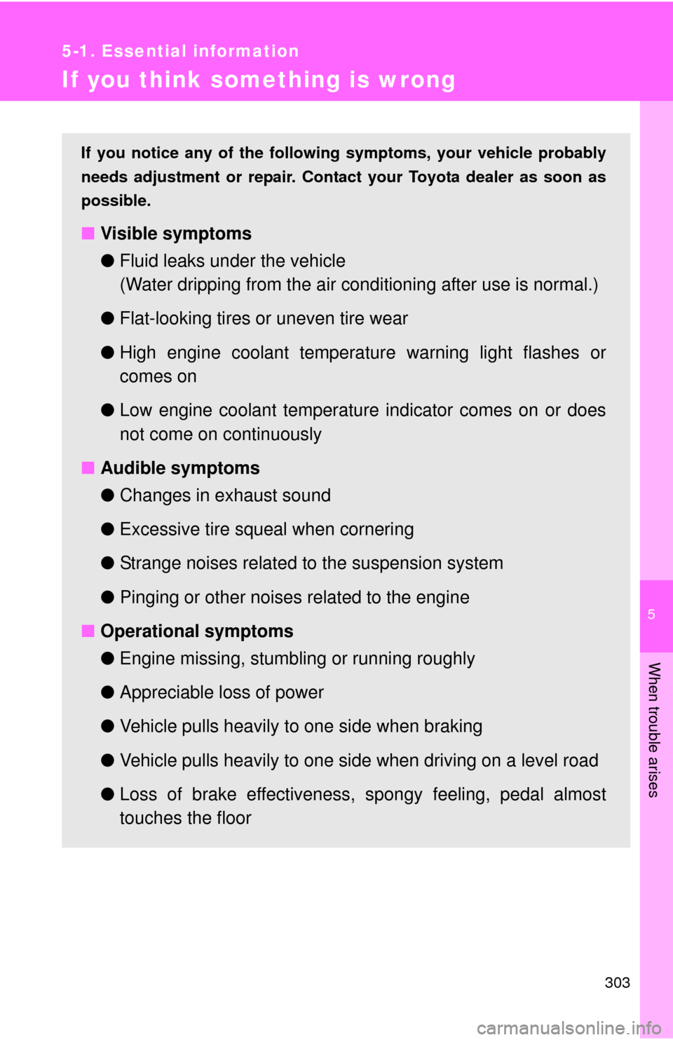 TOYOTA YARIS 2012 3.G Owners Manual 5
When trouble arises
303
5-1. Essential information
If you think something is wrong
If you notice any of the following symptoms, your vehicle probably
needs adjustment or repair. Contact your Toyota TOYOTA YARIS 2012 3.G Owners Manual 5
When trouble arises
303
5-1. Essential information
If you think something is wrong
If you notice any of the following symptoms, your vehicle probably
needs adjustment or repair. Contact your Toyota