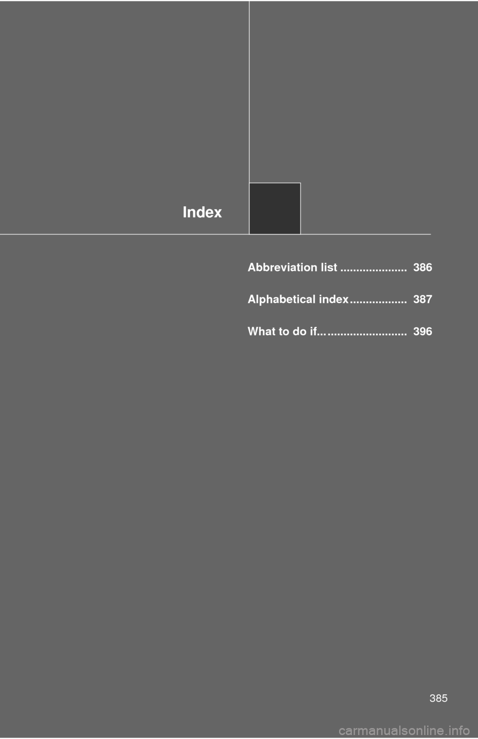 TOYOTA YARIS 2012 3.G Owners Manual Index
385
Abbreviation list .....................  386
Alphabetical index ..................  387
What to do if... .........................  396 