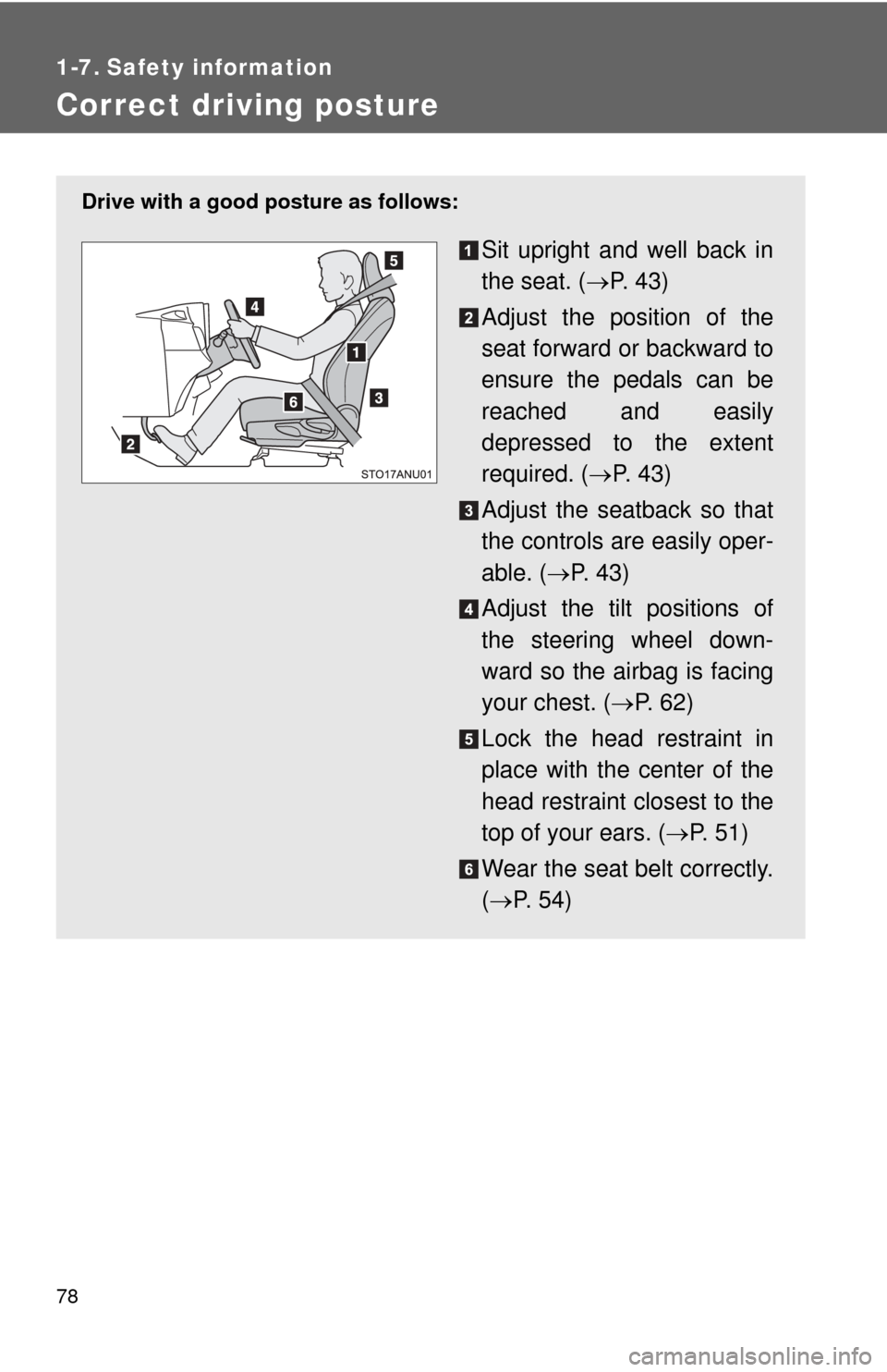 TOYOTA YARIS 2012 3.G Owners Manual 78
1-7. Safety information
Correct driving posture
Drive with a good posture as follows:
Sit upright and well back in
the seat. (P.  4 3 )
Adjust the position of the
seat forward or backward to
ens