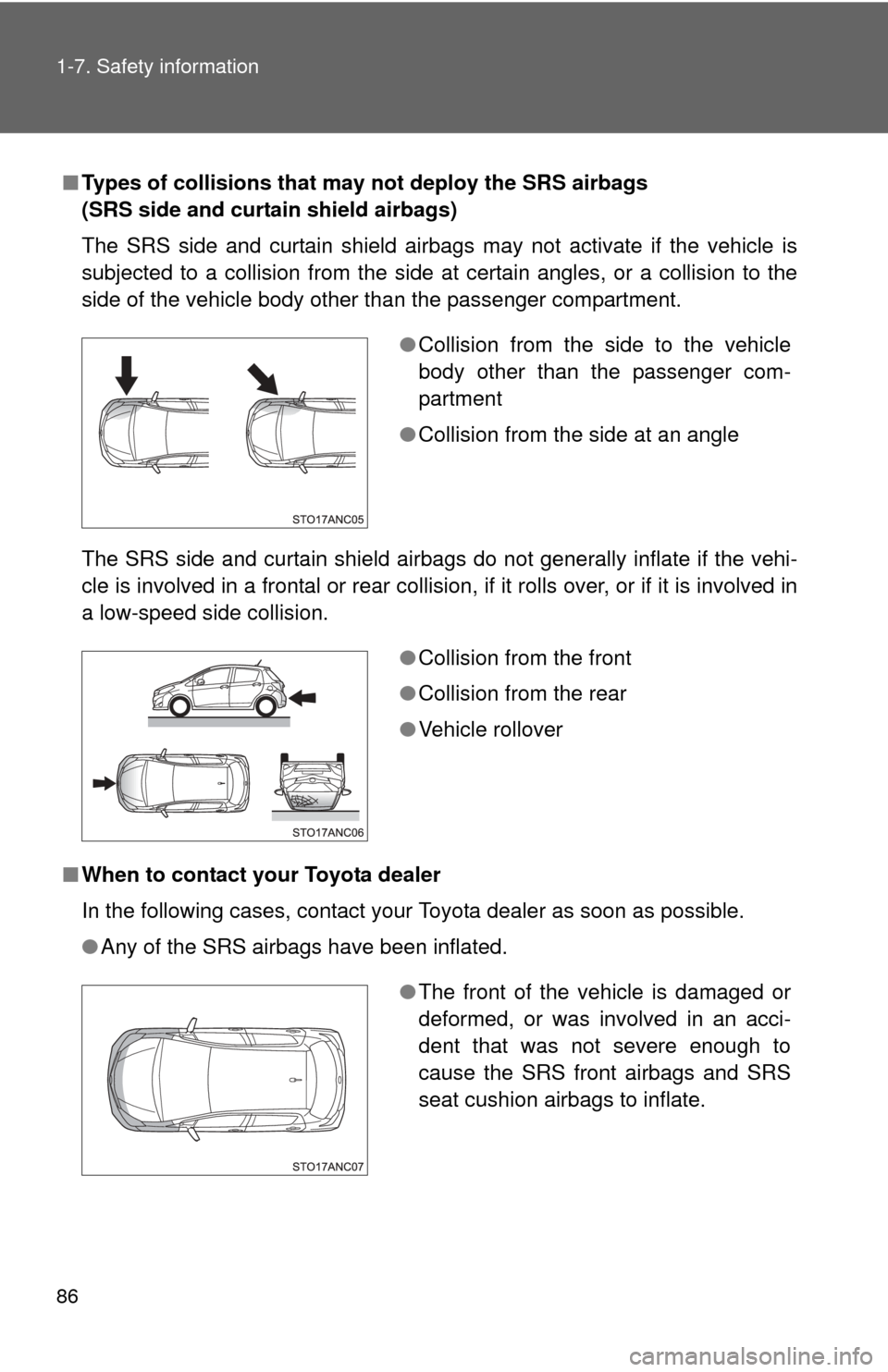 TOYOTA YARIS 2012 3.G Owners Manual 86 1-7. Safety information
■Types of collisions that may not deploy the SRS airbags 
(SRS side and curtain shield airbags)
The SRS side and curtain shield airbags may not activate if the vehicle is
