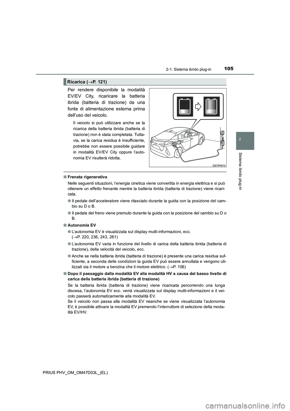 TOYOTA PRIUS PLUG-IN HYBRID 2018 Manuale duso (in Italian) 1052-1. Sistema ibrido plug-in
2
Sistema ibrido plug-in
PRIUS PHV_OM_OM47D03L_(EL)
Per rendere disponibile la modalità
EV/EV City, ricaricare la batteria
ibrida (batteria di trazione) da una
fonte TOYOTA PRIUS PLUG-IN HYBRID 2018 Manuale duso (in Italian) 1052-1. Sistema ibrido plug-in
2
Sistema ibrido plug-in
PRIUS PHV_OM_OM47D03L_(EL)
Per rendere disponibile la modalità
EV/EV City, ricaricare la batteria
ibrida (batteria di trazione) da una
fonte