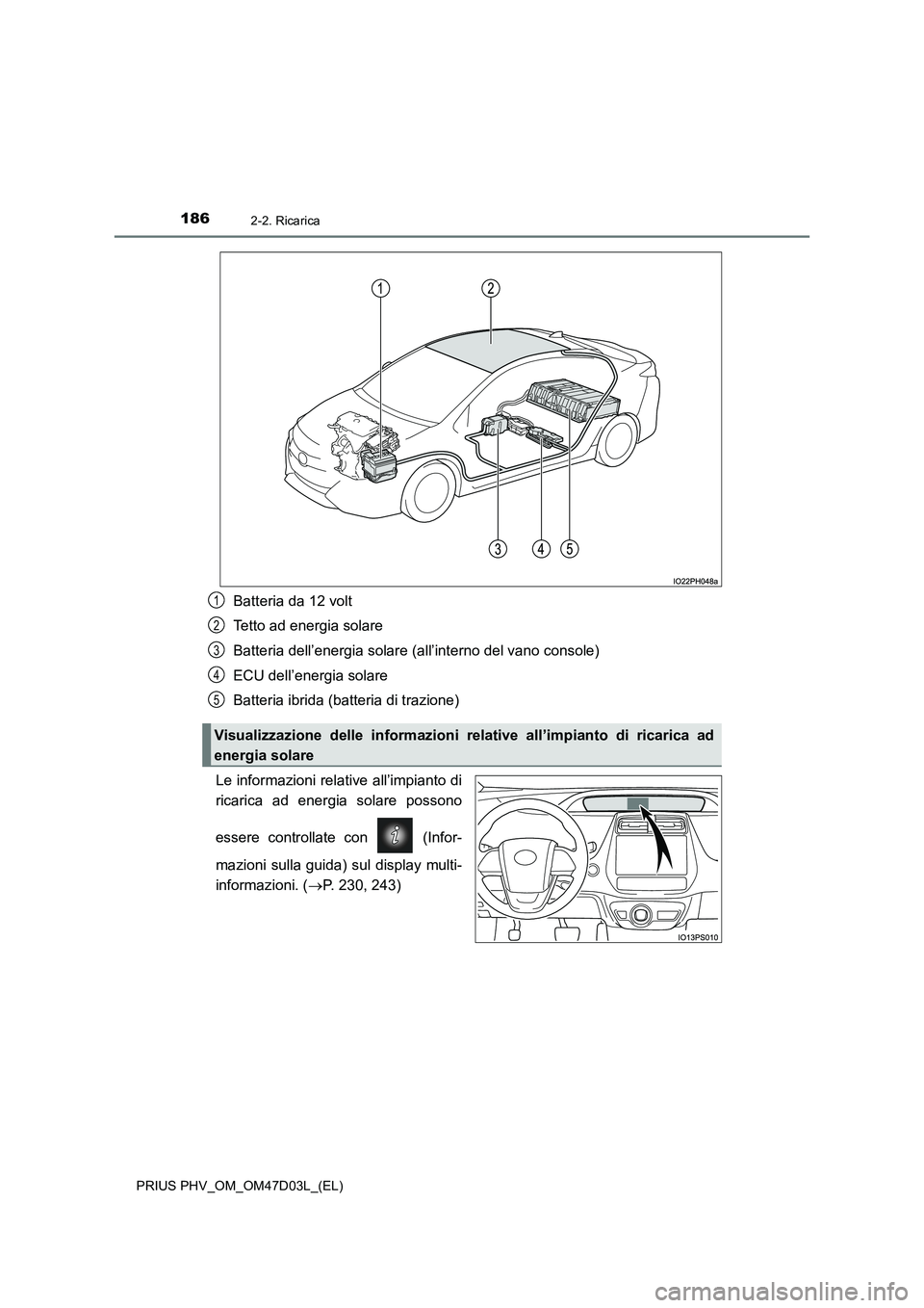 TOYOTA PRIUS PLUG-IN HYBRID 2018  Manuale duso (in Italian) 1862-2. Ricarica
PRIUS PHV_OM_OM47D03L_(EL)
Batteria da 12 volt
Tetto ad energia solare
Batteria dell’energia solare (all’interno del vano console)
ECU dell’energia solare
Batteria ibrida (batte