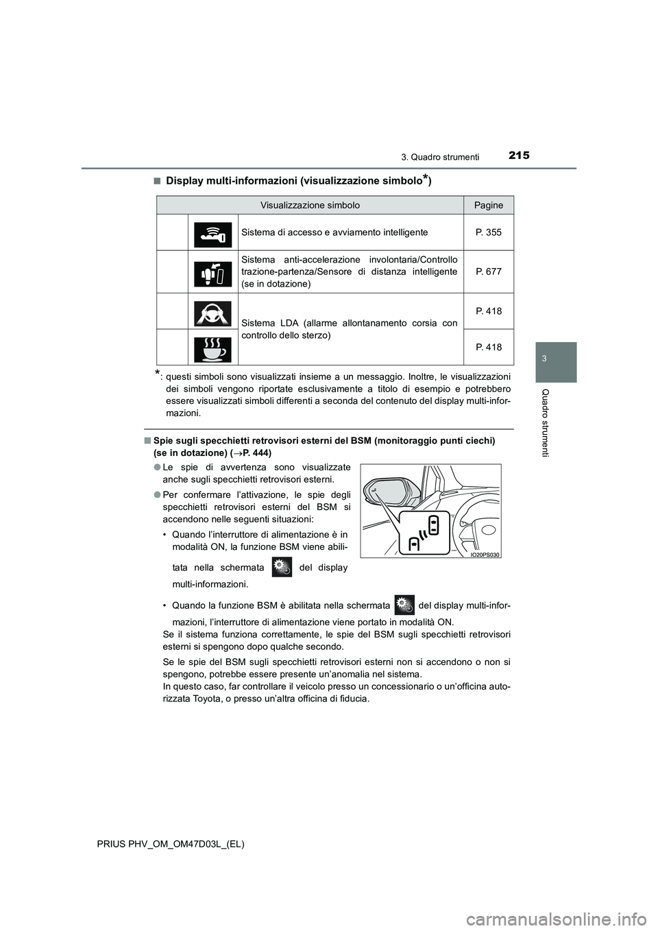 TOYOTA PRIUS PLUG-IN HYBRID 2018 Manuale duso (in Italian) 2153. Quadro strumenti
3
Quadro strumenti
PRIUS PHV_OM_OM47D03L_(EL)■
Display multi-informazioni (visualizzazione simbolo*)
*: questi simboli sono visualizzati insieme a un messaggio. Inoltre, le vi TOYOTA PRIUS PLUG-IN HYBRID 2018 Manuale duso (in Italian) 2153. Quadro strumenti
3
Quadro strumenti
PRIUS PHV_OM_OM47D03L_(EL)■
Display multi-informazioni (visualizzazione simbolo*)
*: questi simboli sono visualizzati insieme a un messaggio. Inoltre, le vi